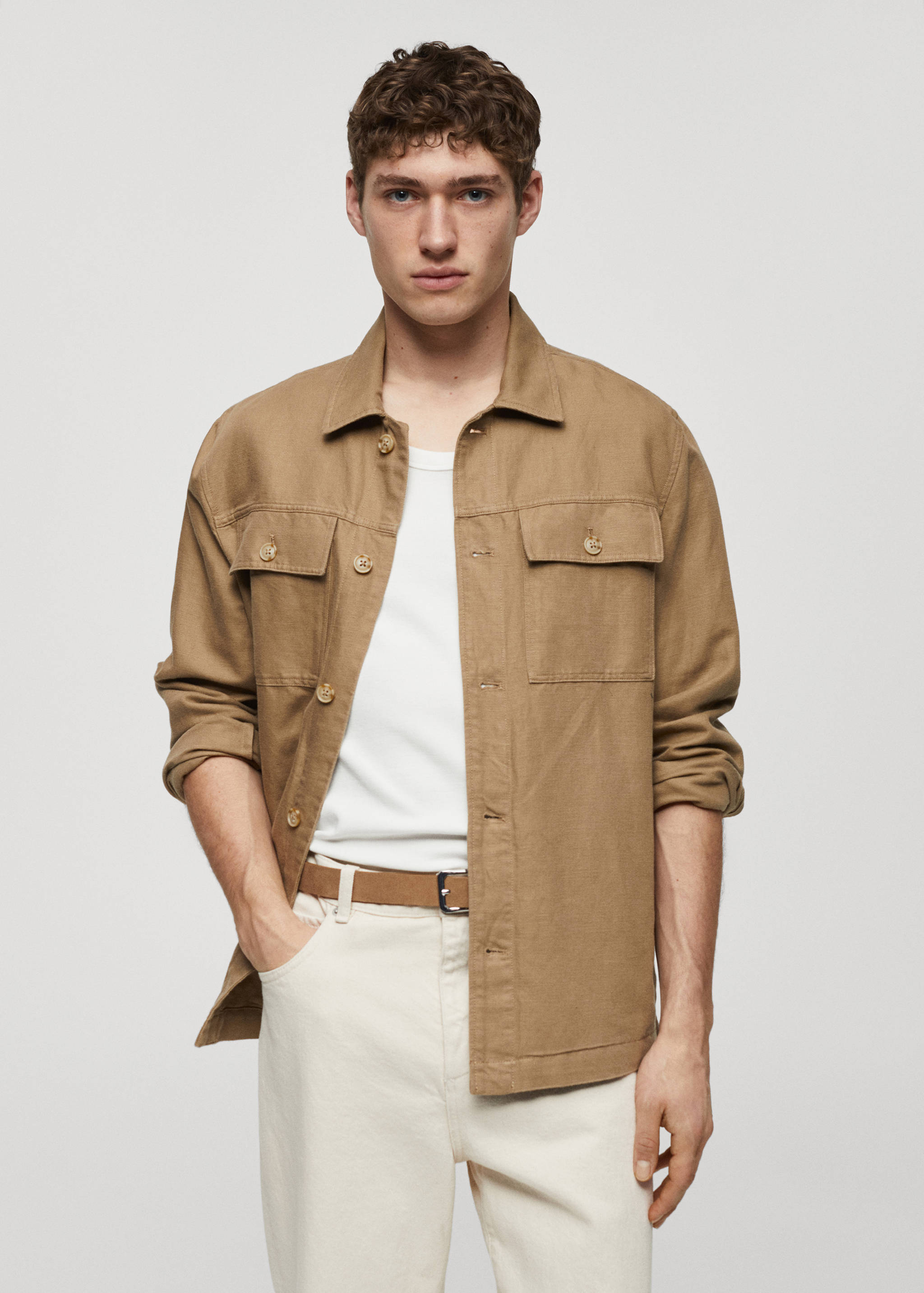 棉麻混纺口袋外套衬衫 - null