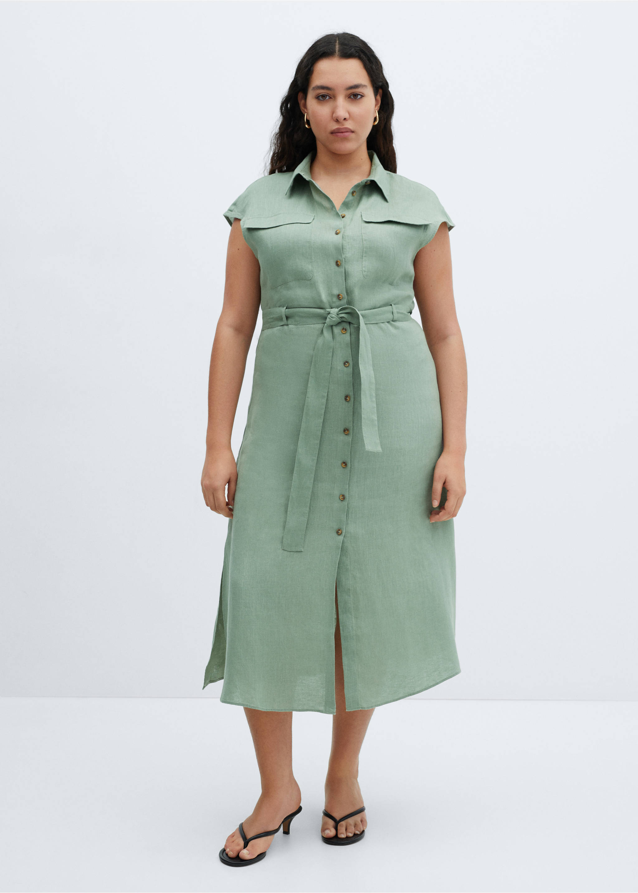 100% linen shirty dress - Details of the article 6, Green. Ref: 67017113-00.
