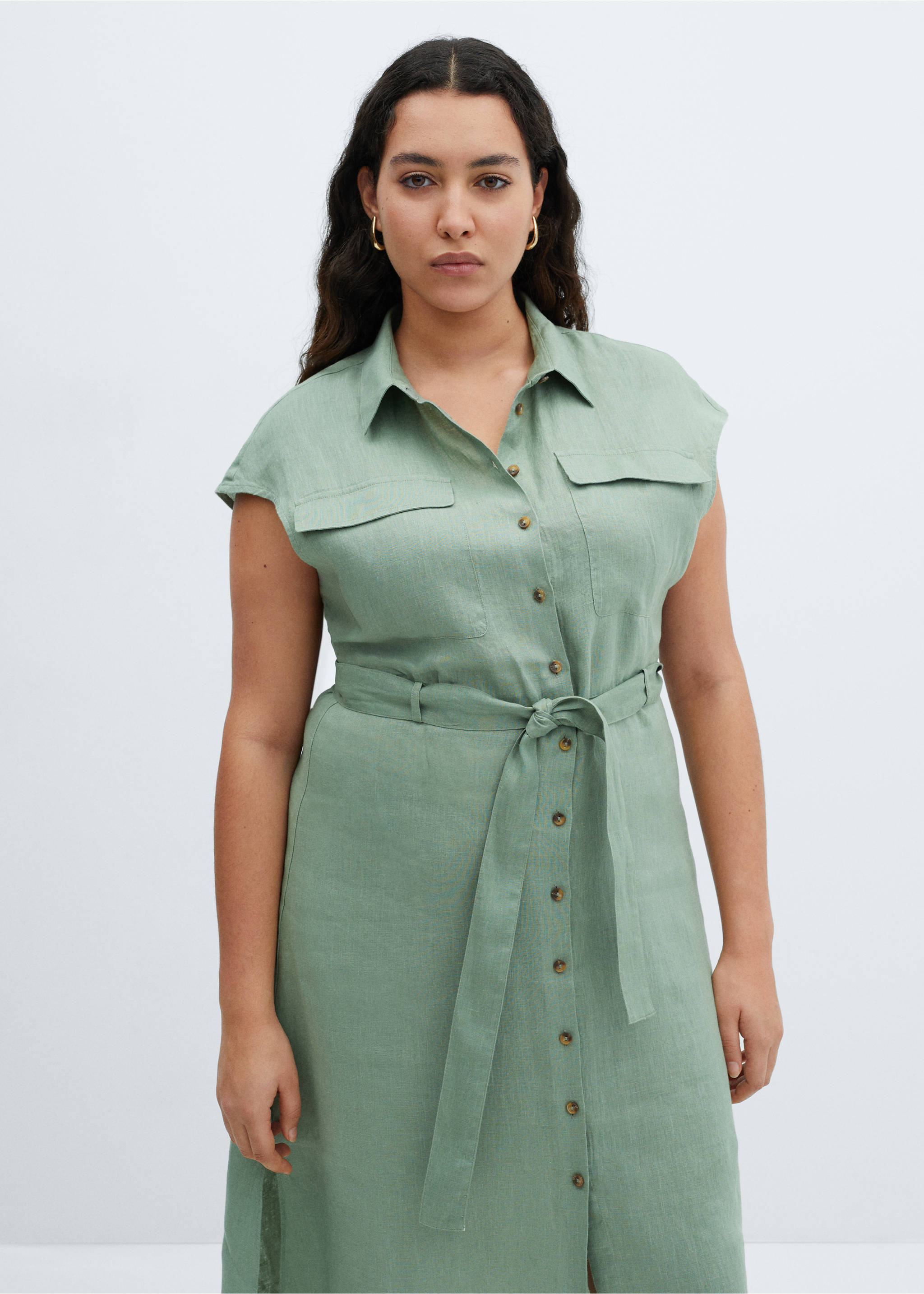 100% linen shirty dress - Details of the article 5, Green. Ref: 67017113-00.
