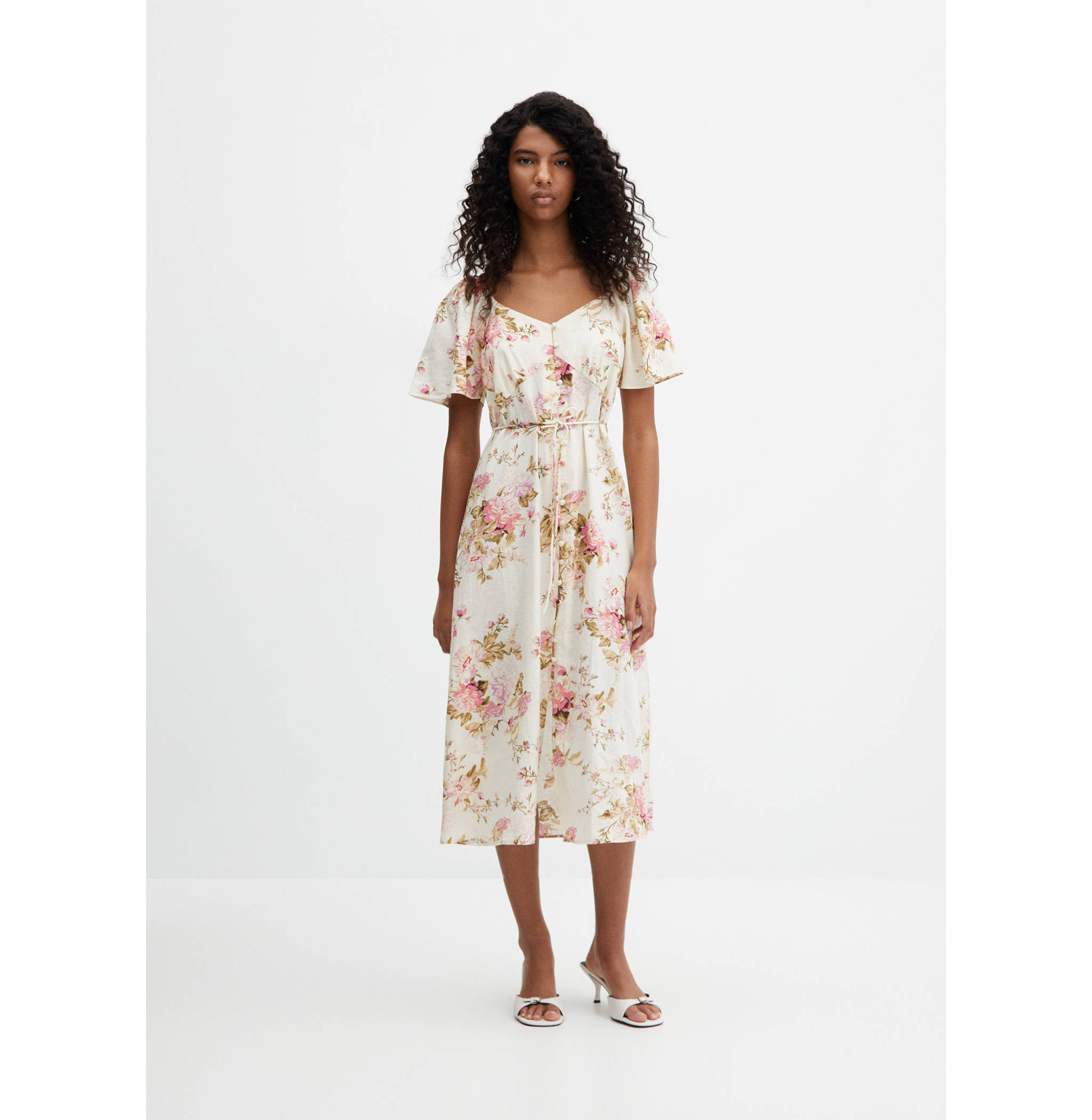 Buttoned linen-blend dress - General plane
