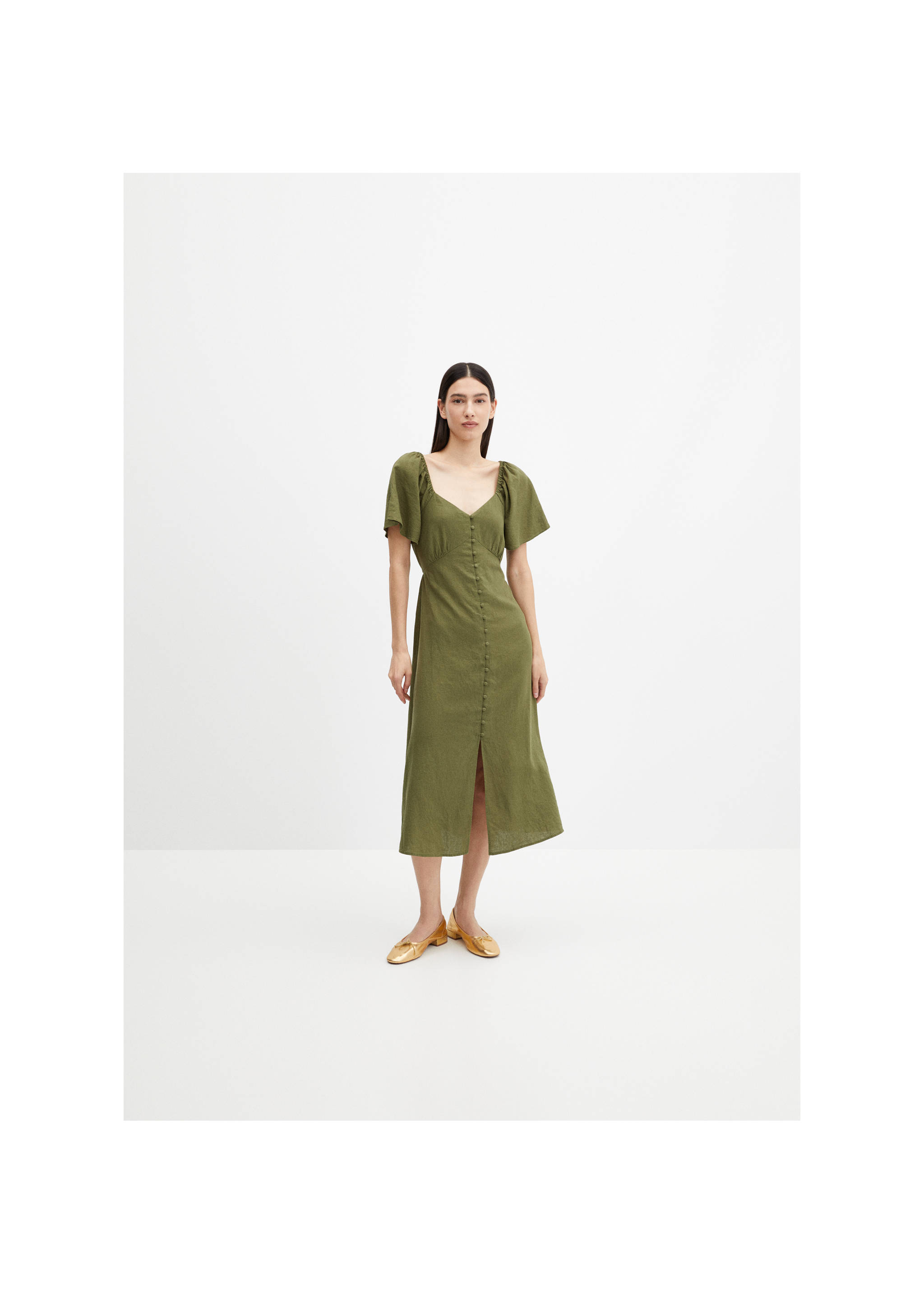 Buttoned linen-blend dress - General plane, Khaki. Ref: 67017115-00.