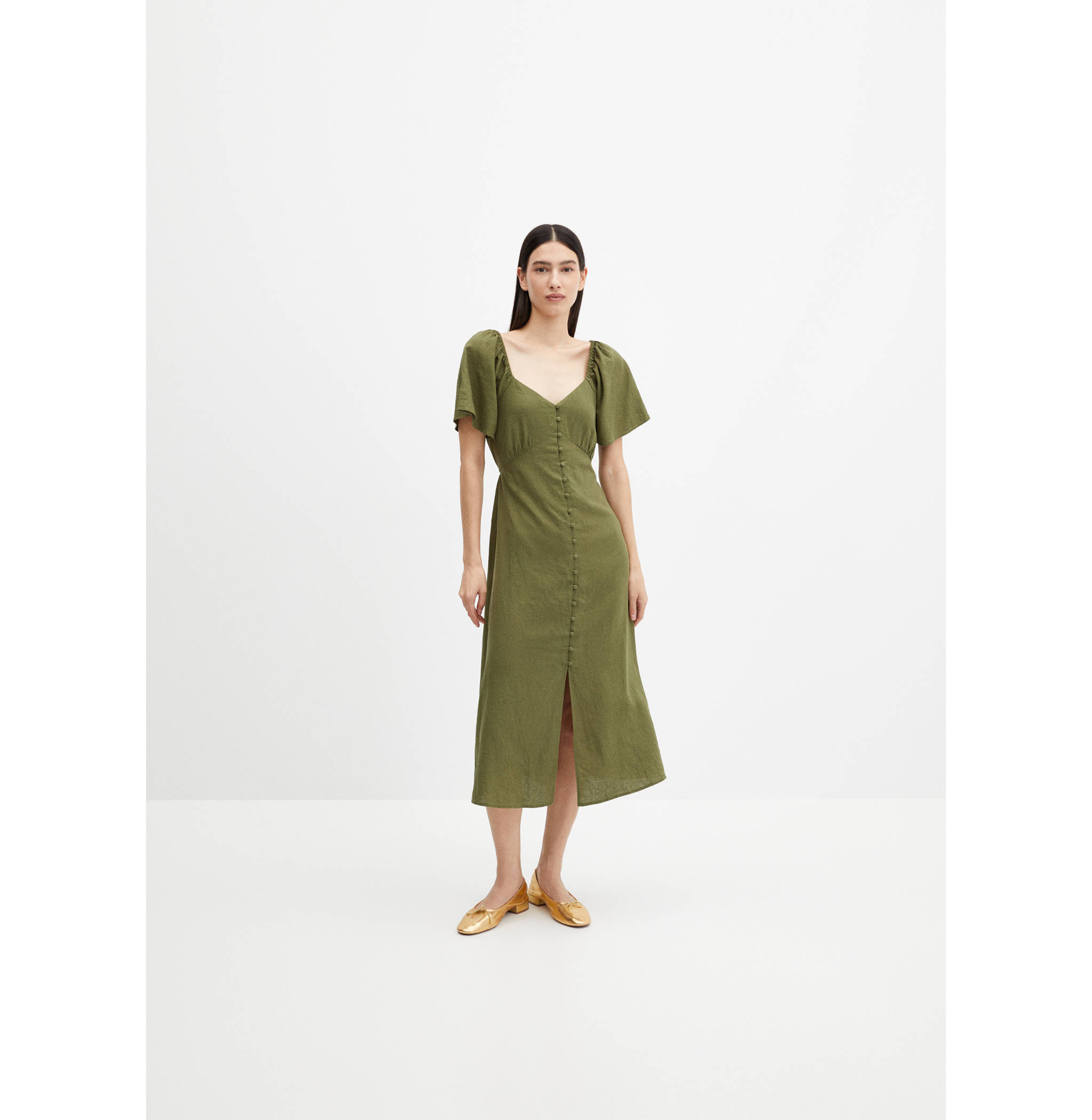 Buttoned linen-blend dress - General plane