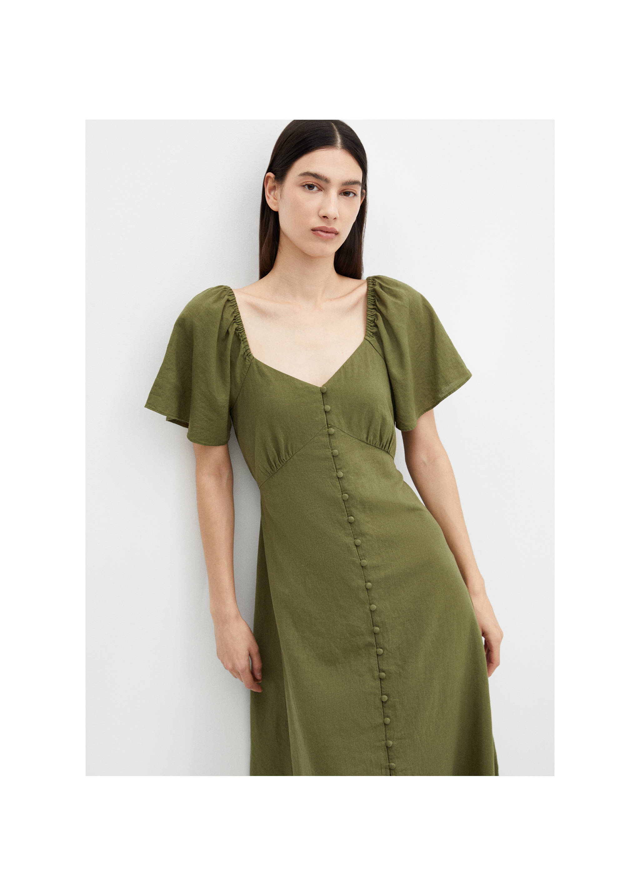 Buttoned linen-blend dress - Medium plane, Khaki. Ref: 67017115-00.