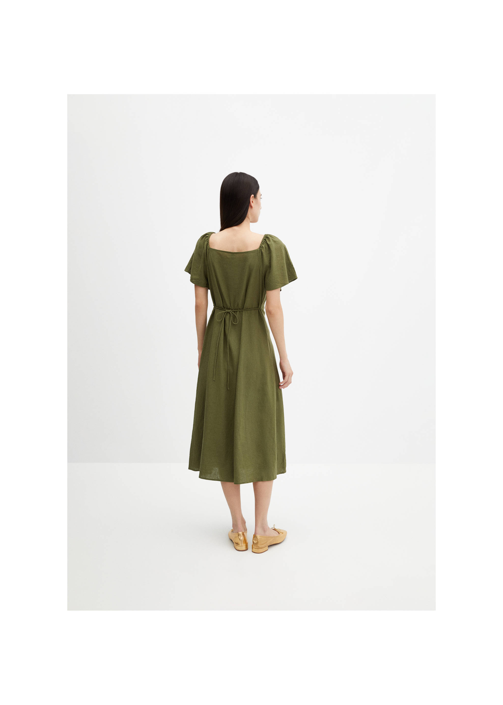 Buttoned linen-blend dress - Reverse of the article, Khaki. Ref: 67017115-00.