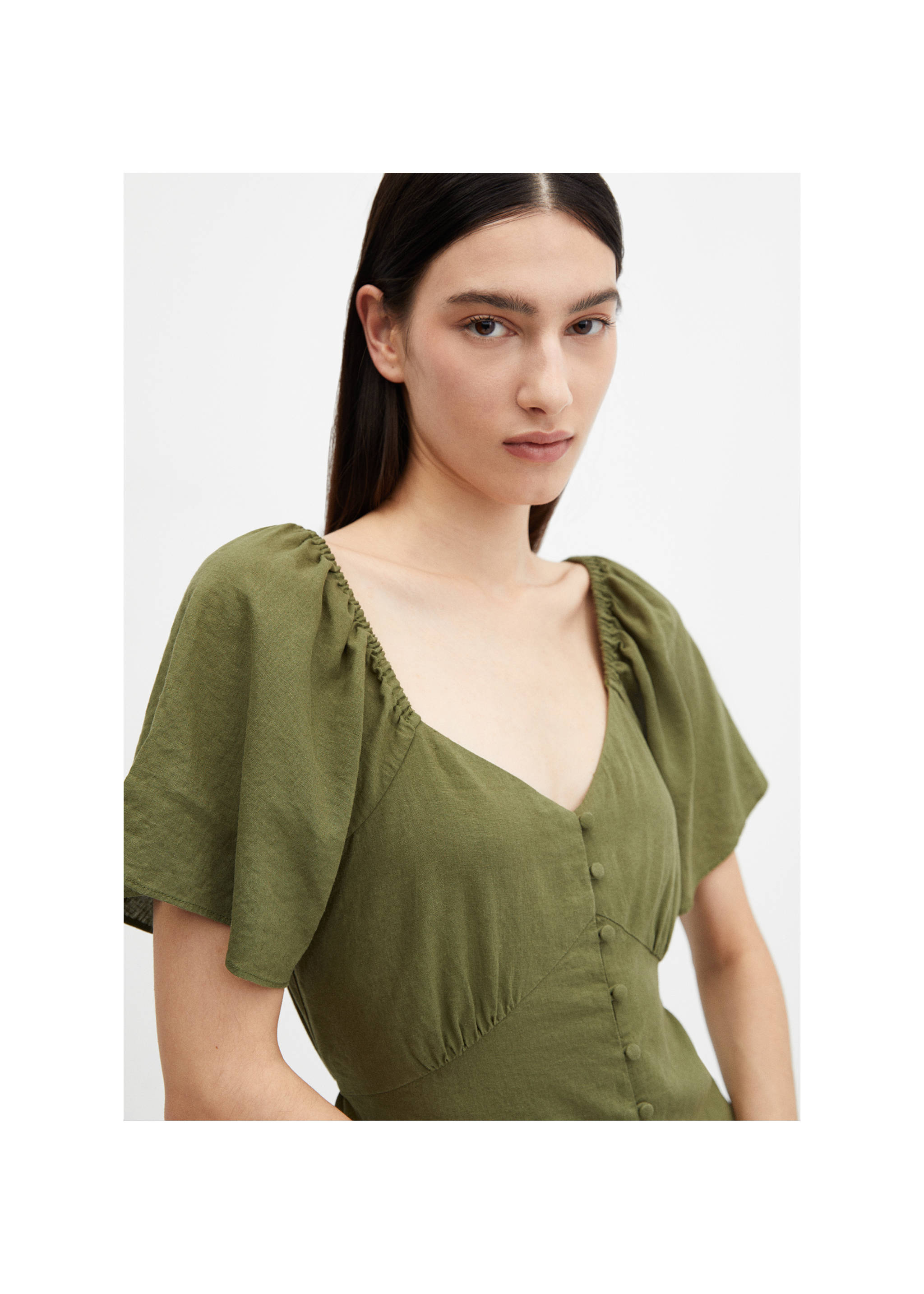 Buttoned linen-blend dress - Details of the article 1, Khaki. Ref: 67017115-00.