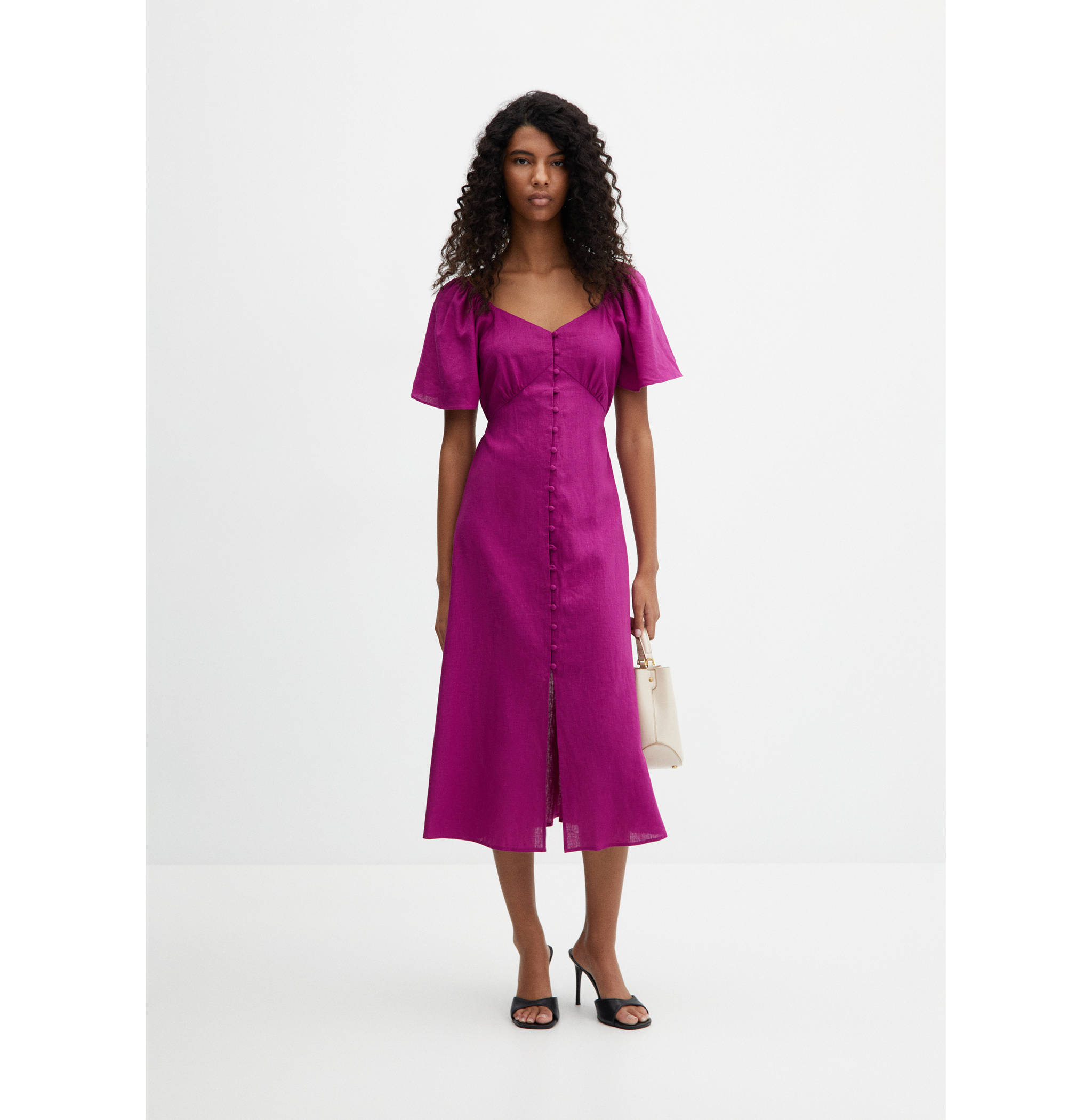 Buttoned linen-blend dress - General plane