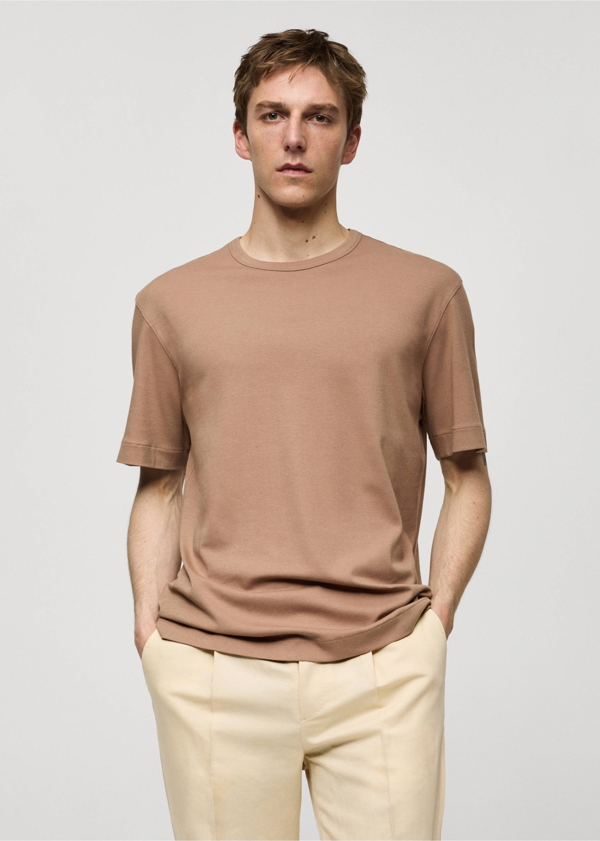 Camiseta slim fit 100% algodón - Plano medio, Marrón tabaco. Ref: 67017937-00.