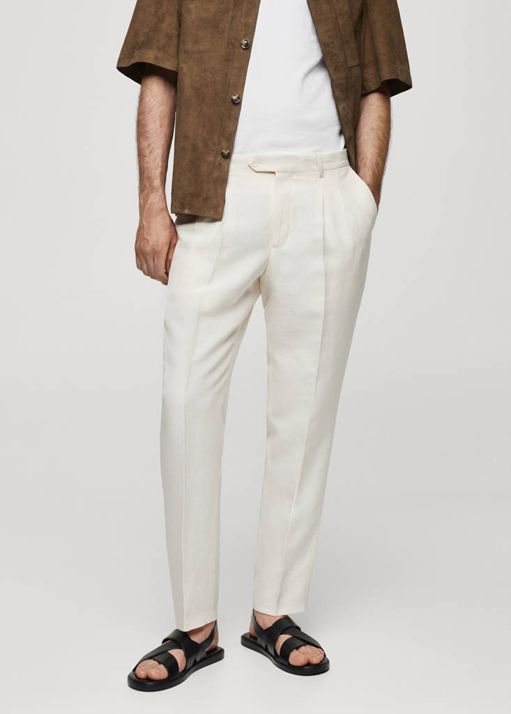Linen slim-fit pleated trousers — Ecru