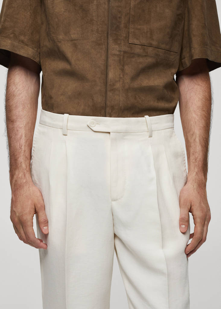 Linen slim-fit pleated trousers — Ecru