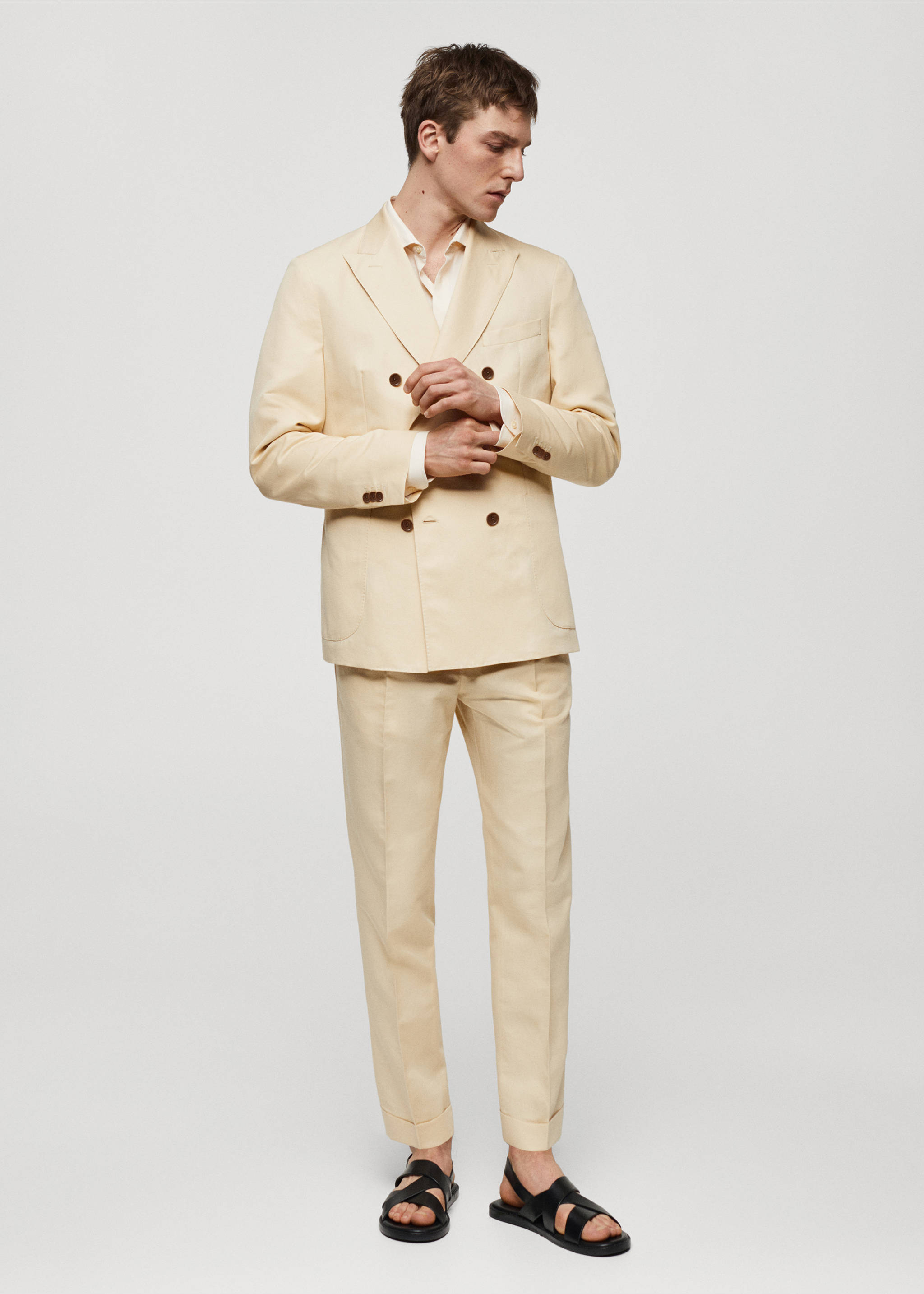 Cotton linen suit trousers with pleats - General plane, Pastel Yellow. Ref: 67018271-00.