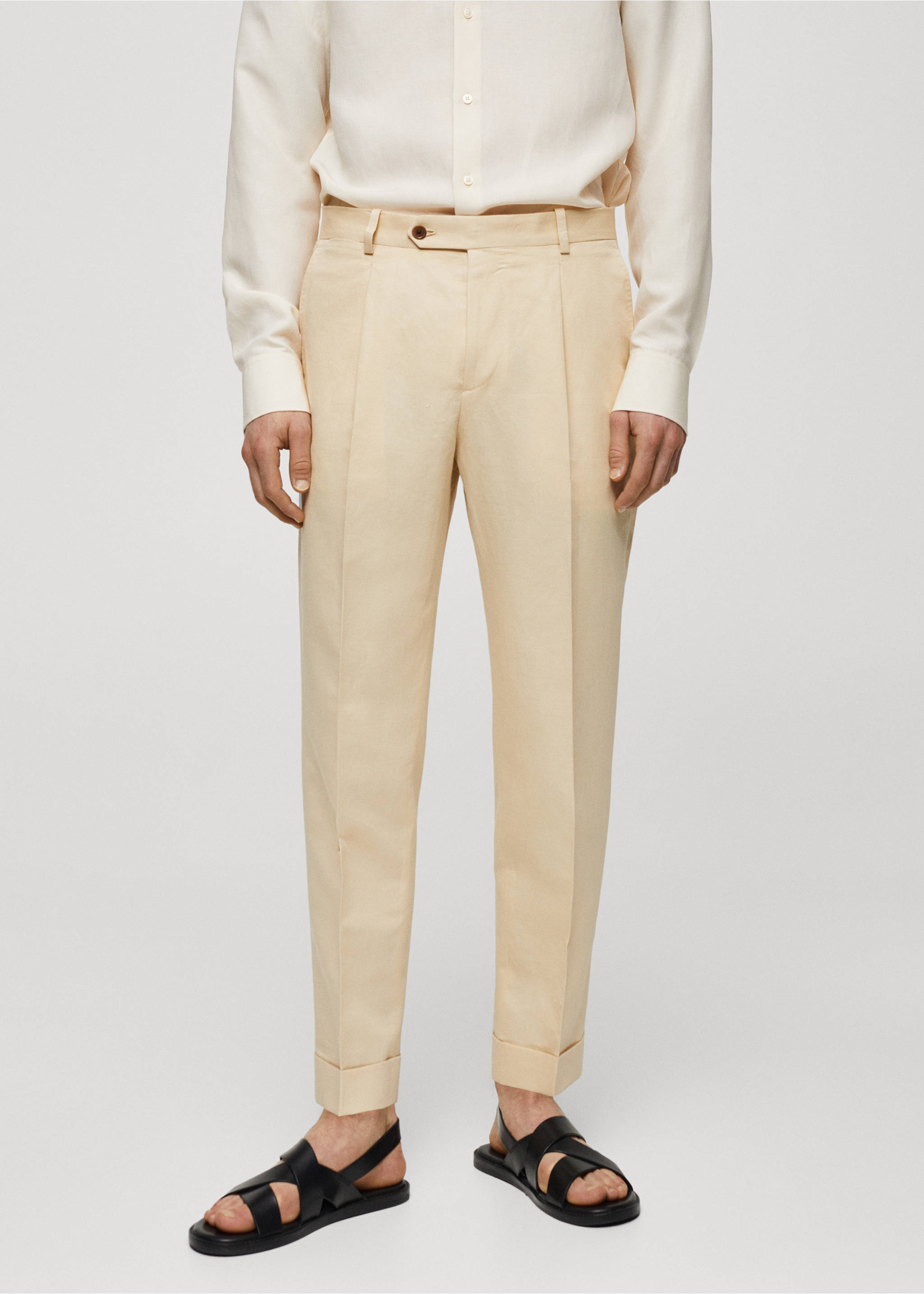 Cotton linen suit trousers with pleats - Medium plane, Pastel Yellow. Ref: 67018271-00.