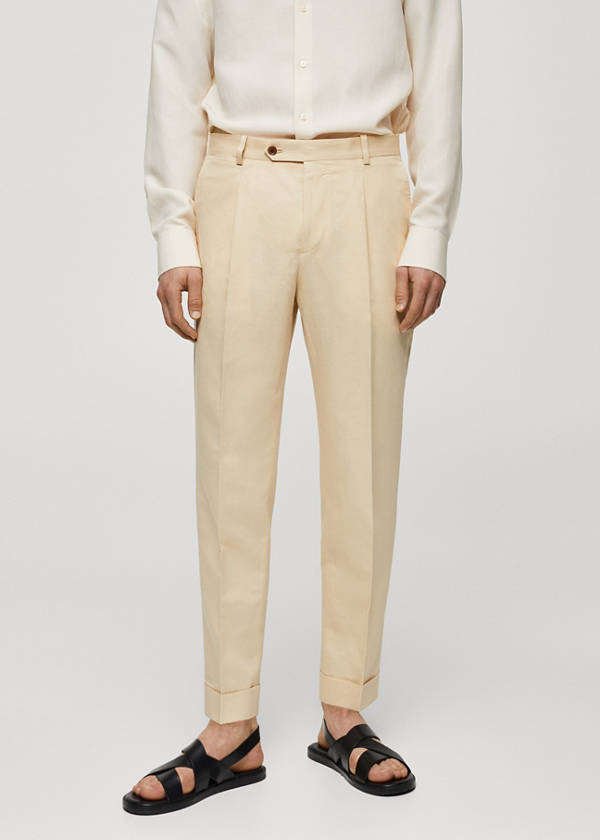 Cotton linen suit trousers with pleats — Pastel Yellow