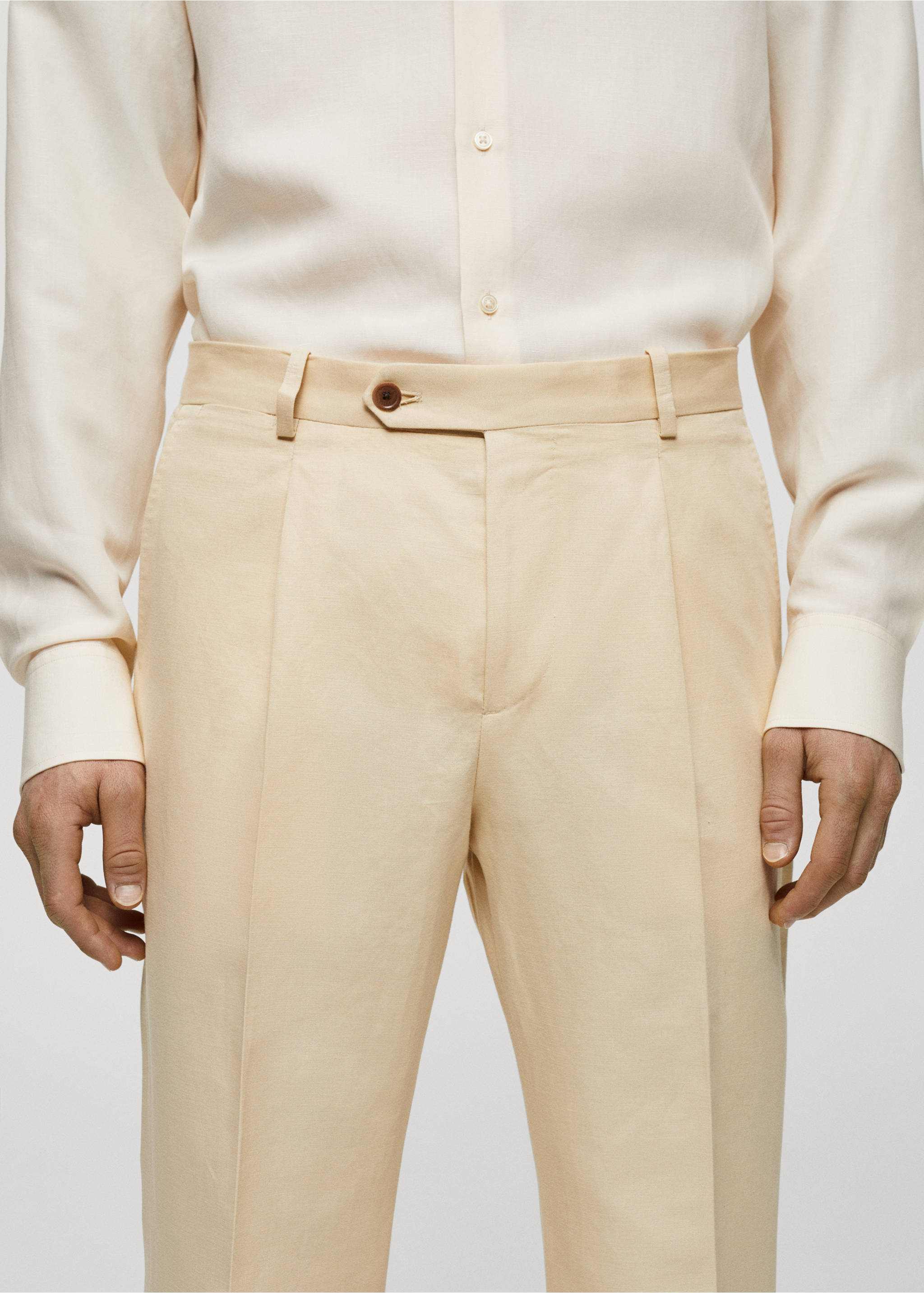 Cotton linen suit trousers with pleats - Details of the article 1, Pastel Yellow. Ref: 67018271-00.