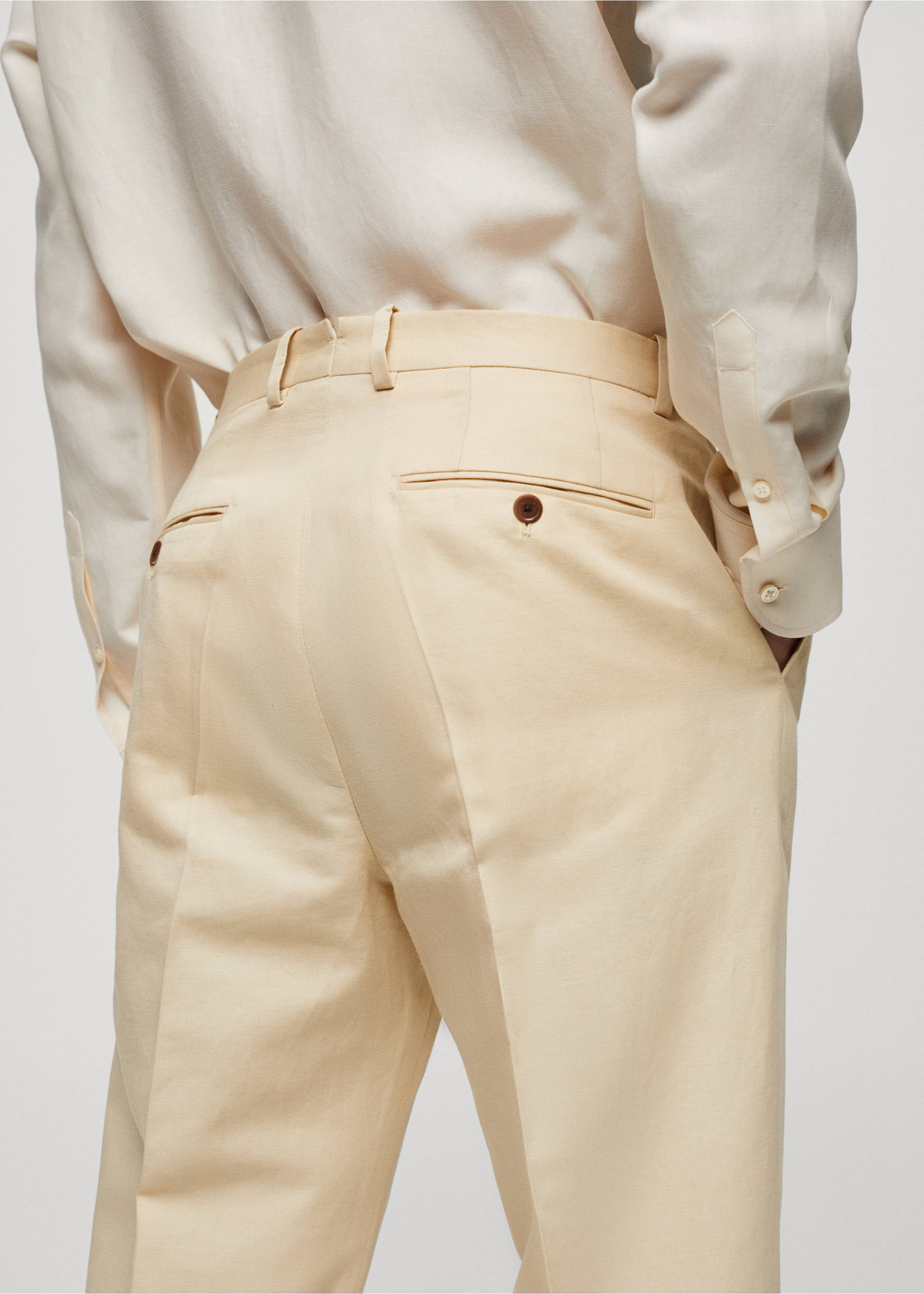 Cotton linen suit trousers with pleats - Details of the article 4, Pastel Yellow. Ref: 67018271-00.