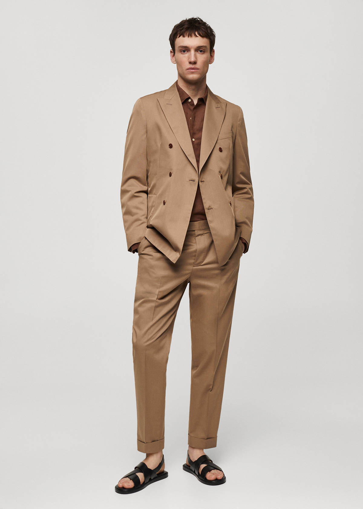 Virgin wool cotton suit trousers with pleats — Brown