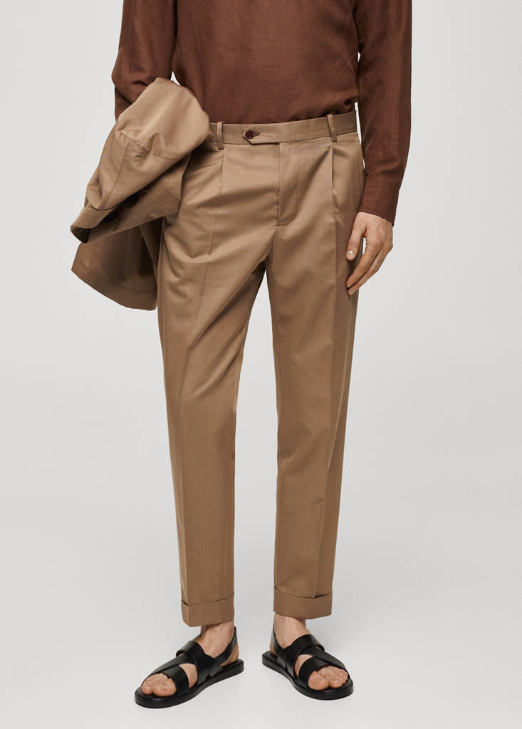 Virgin wool cotton suit trousers with pleats — Brown