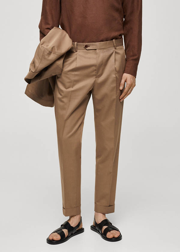 Virgin wool cotton suit trousers with pleats — Brown