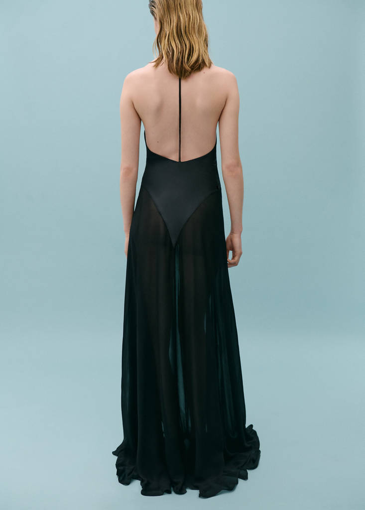 Semi-transparent silk dress combined body — Black