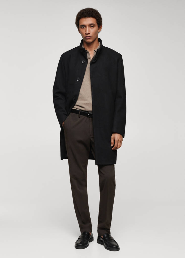 Wool funnel neck coat — Black