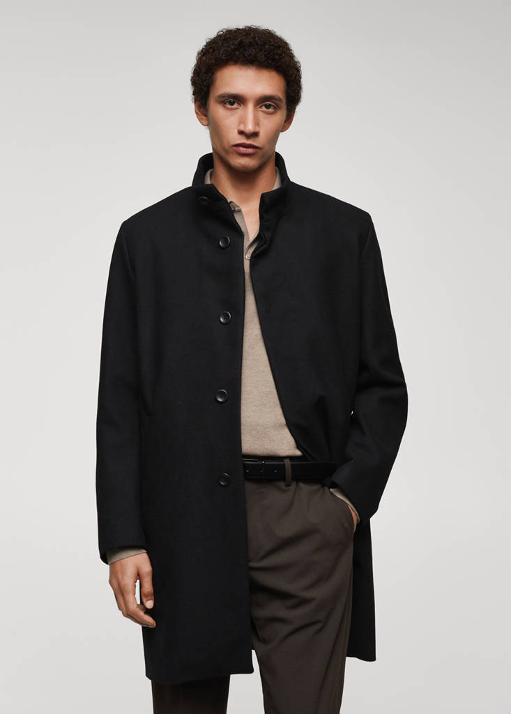 Wool funnel neck coat — Black
