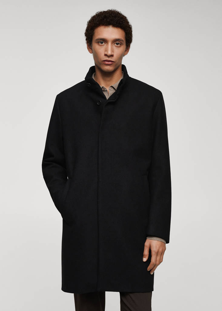 Wool funnel neck coat — Black