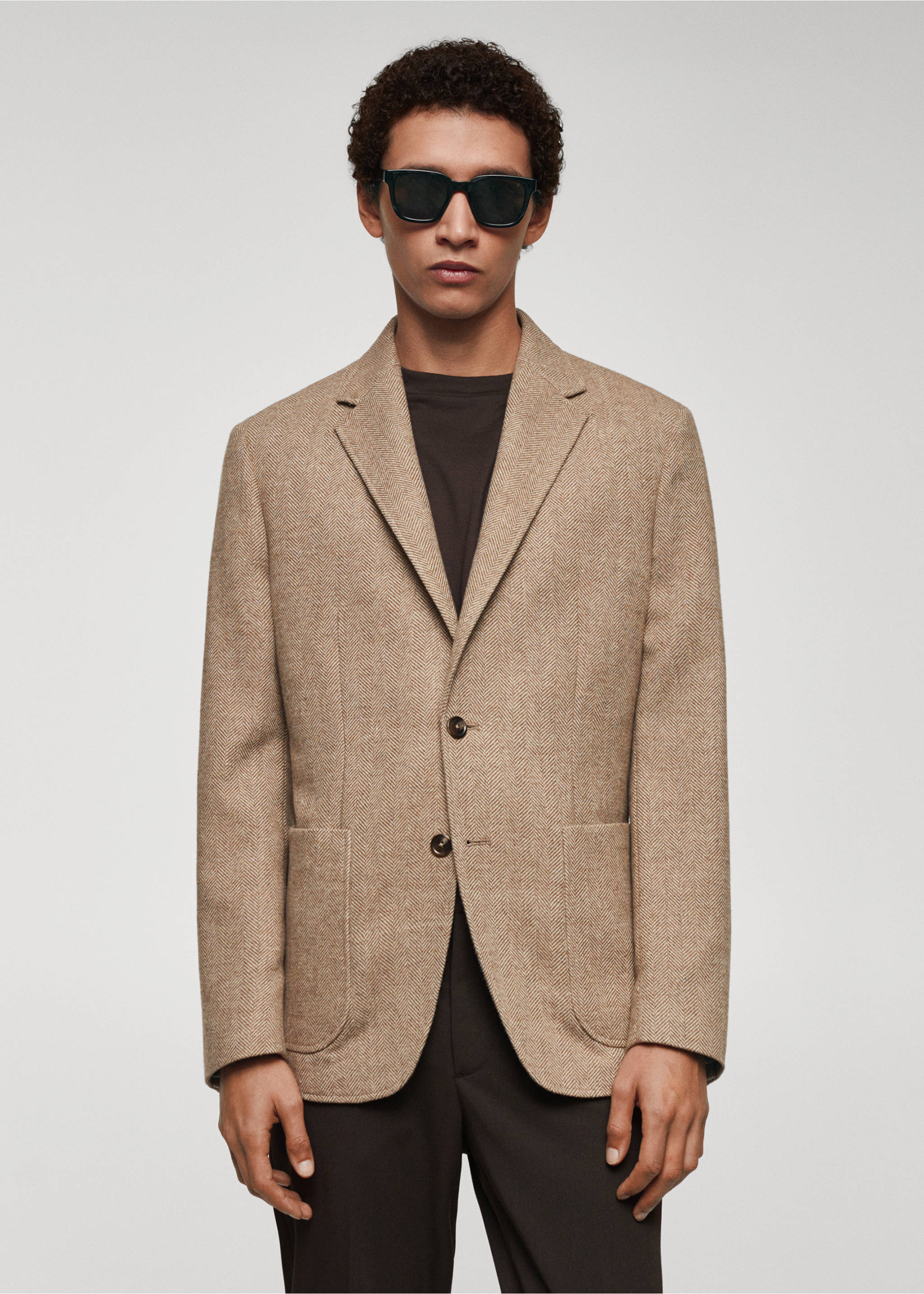 Americana slim fit lana espiga - Plano medio, Beige. Ref: 67020636-00.