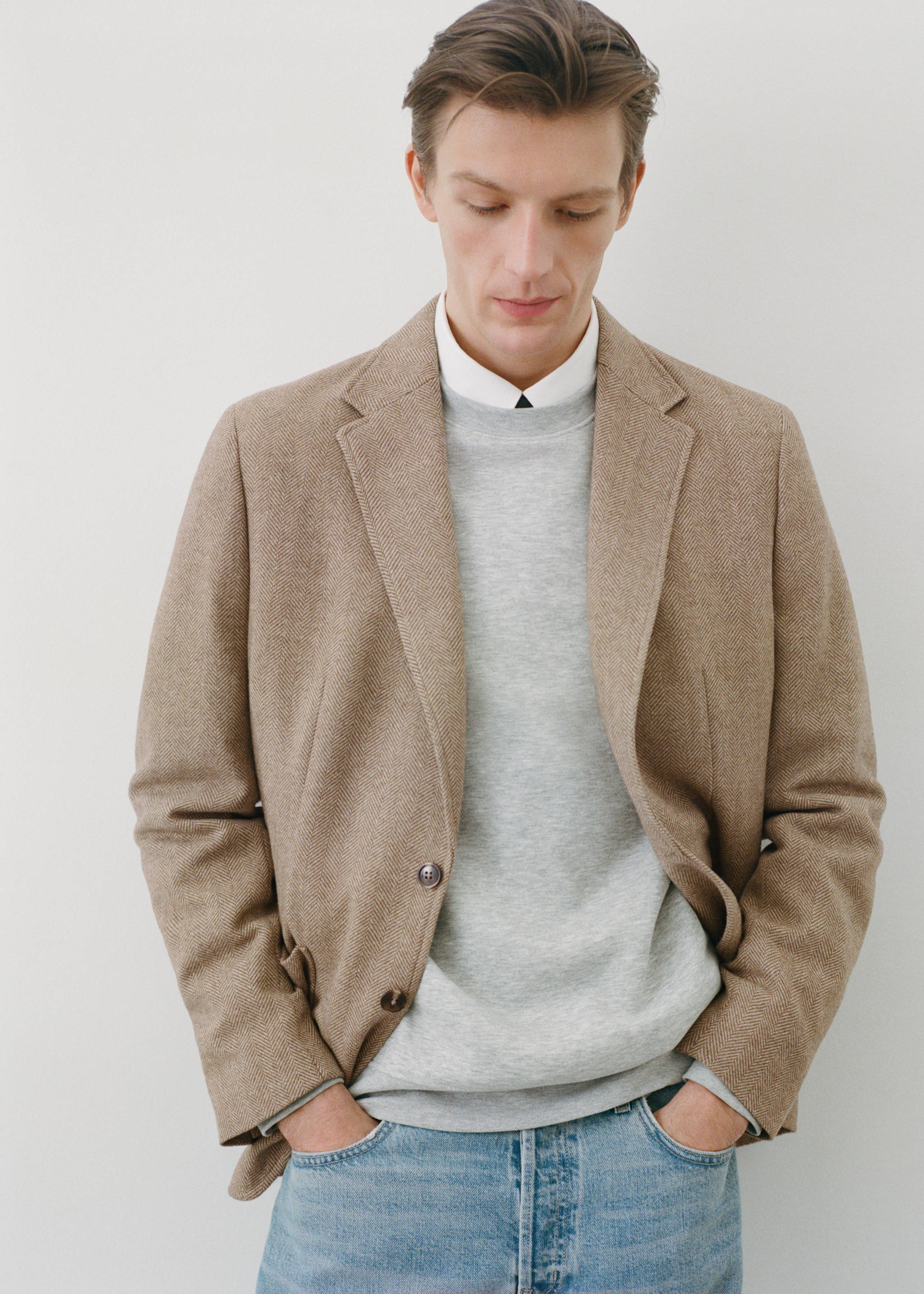 修身人字纹羊毛西装外套 - null