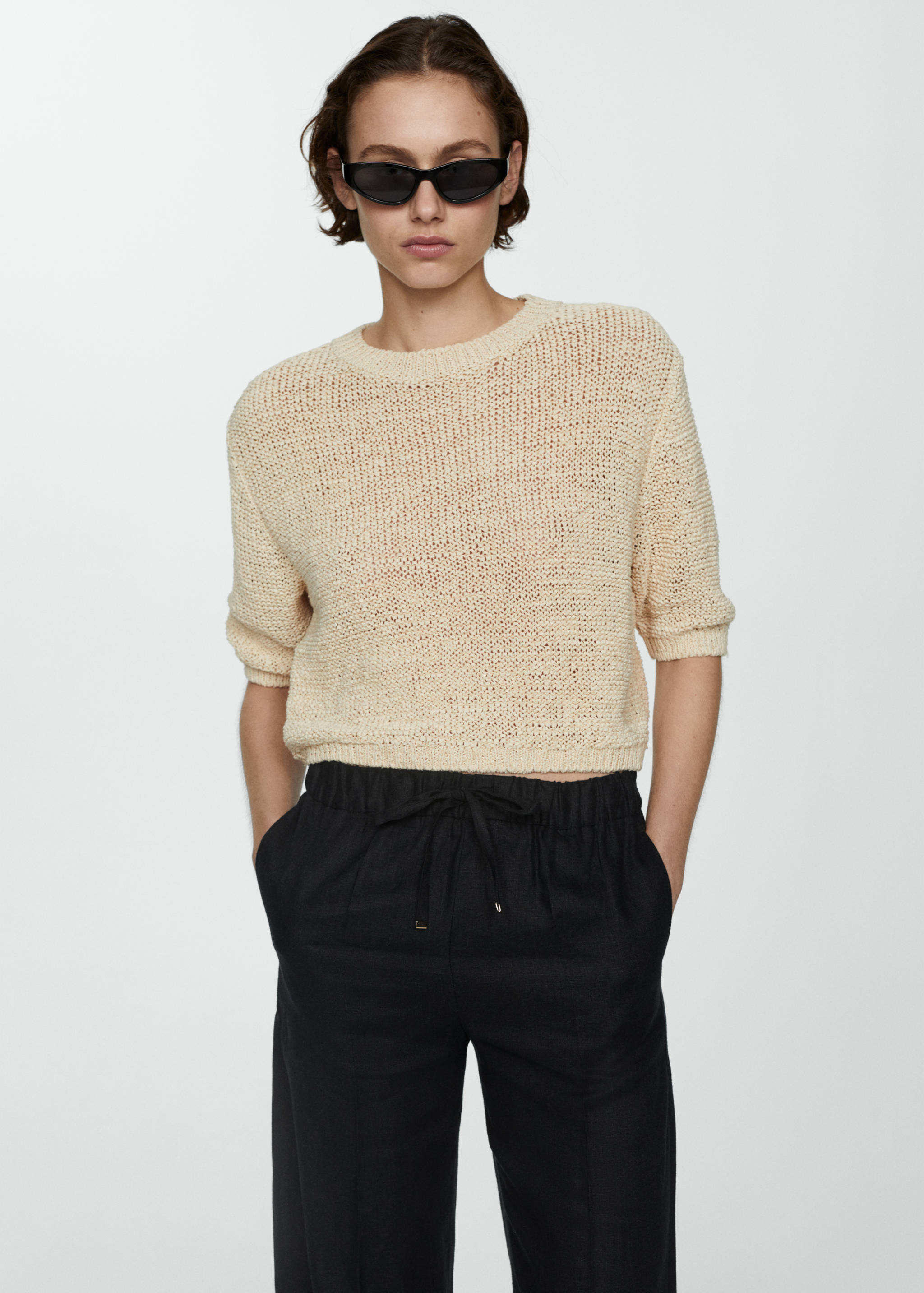 Linen-blend elastic waist pants - Details of the article 2