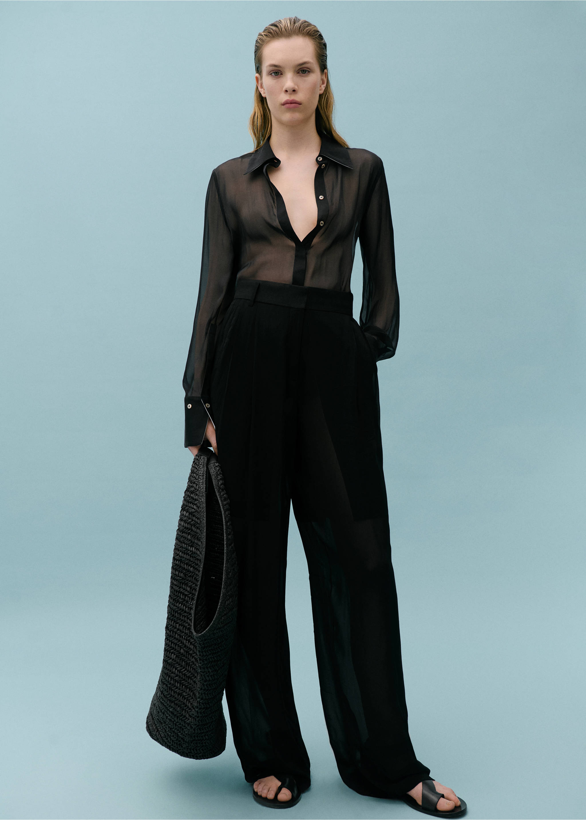 Contrast semi-transparent silk shirt - General plane, Black. Ref: 67028658-00.