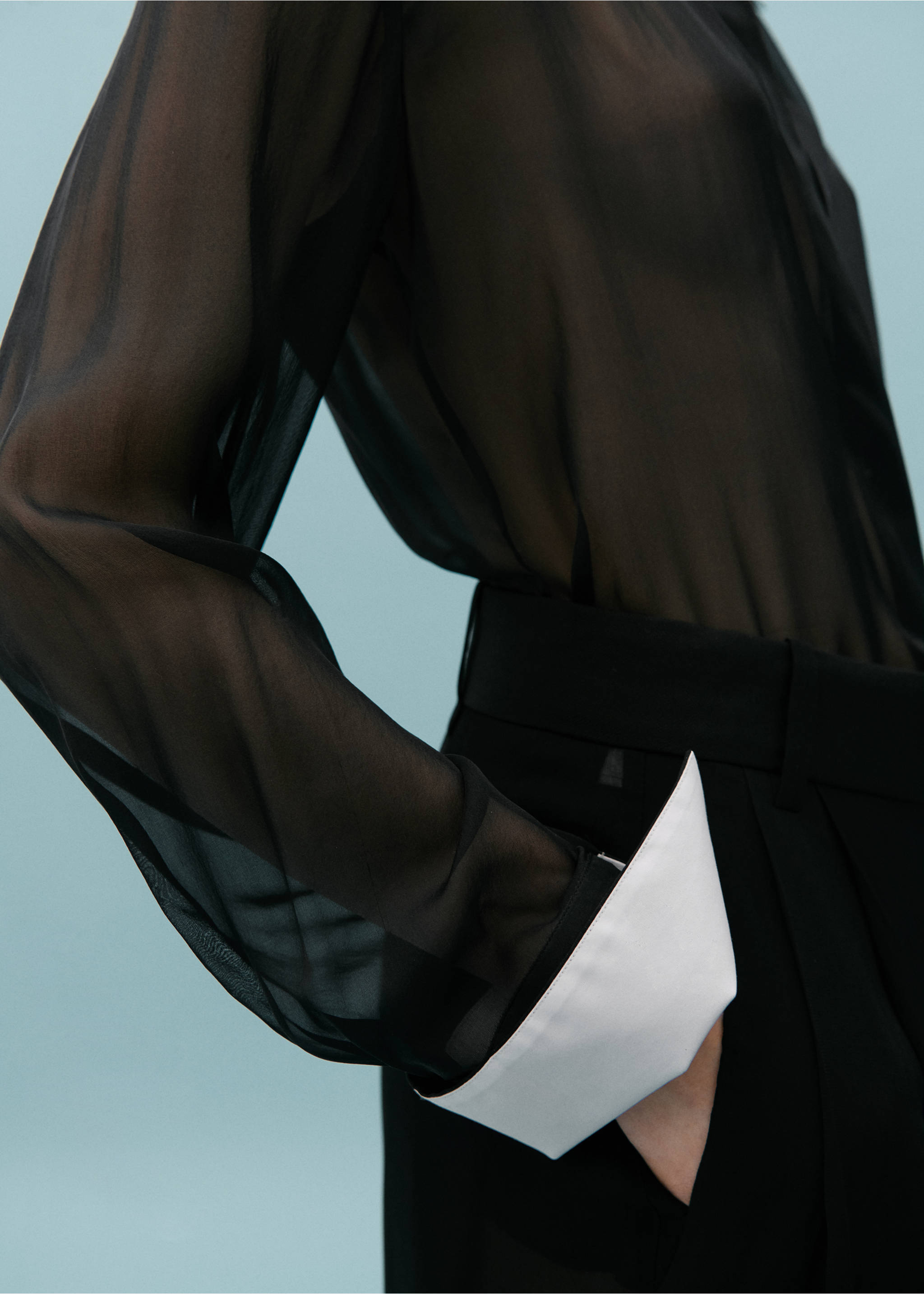 Contrast semi-transparent silk shirt - Details of the article 3, Black. Ref: 67028658-00.
