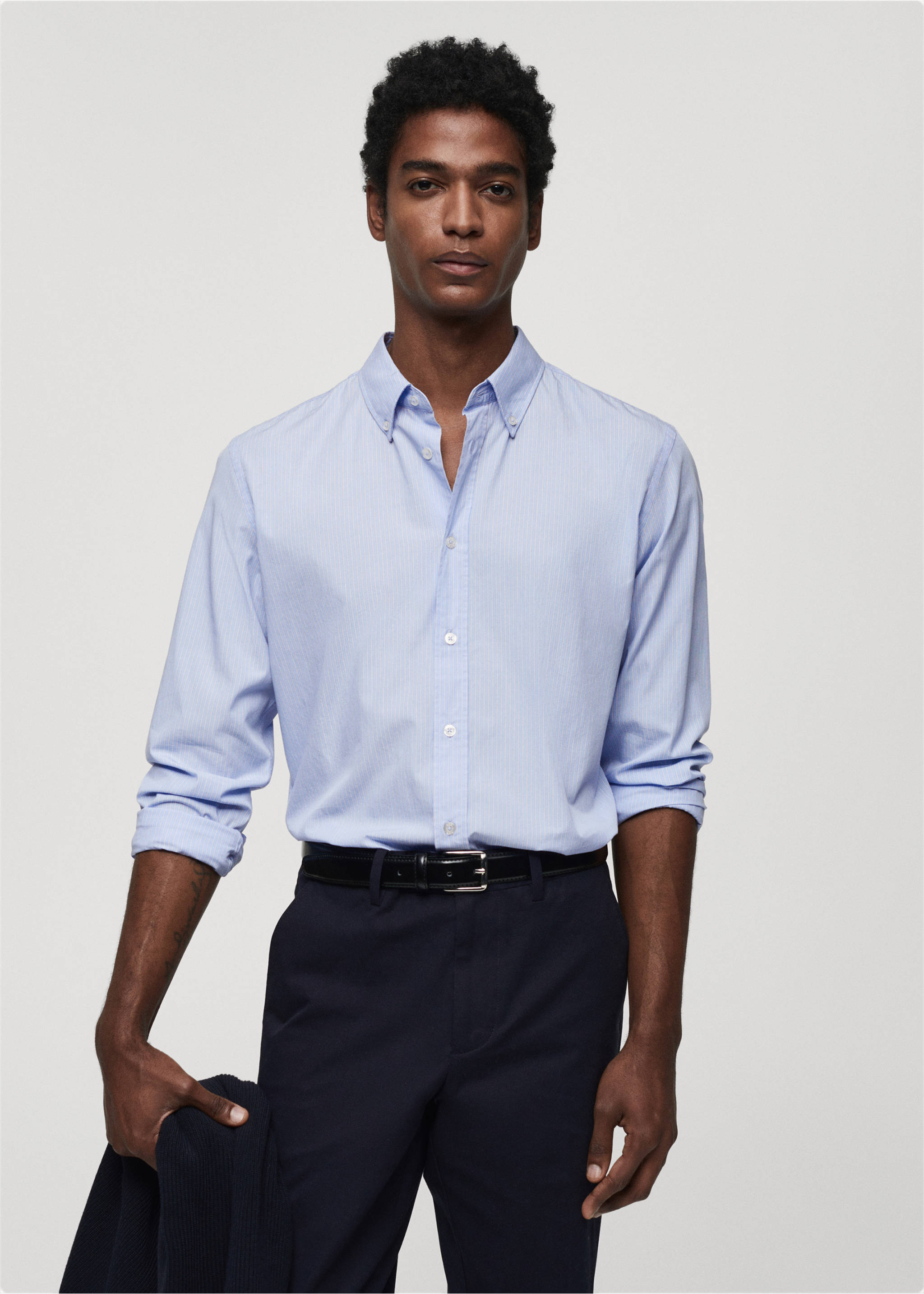 Chemise regular-fit coton rayures - Plan moyen, Bleu ciel. Ref: 67034448-00.