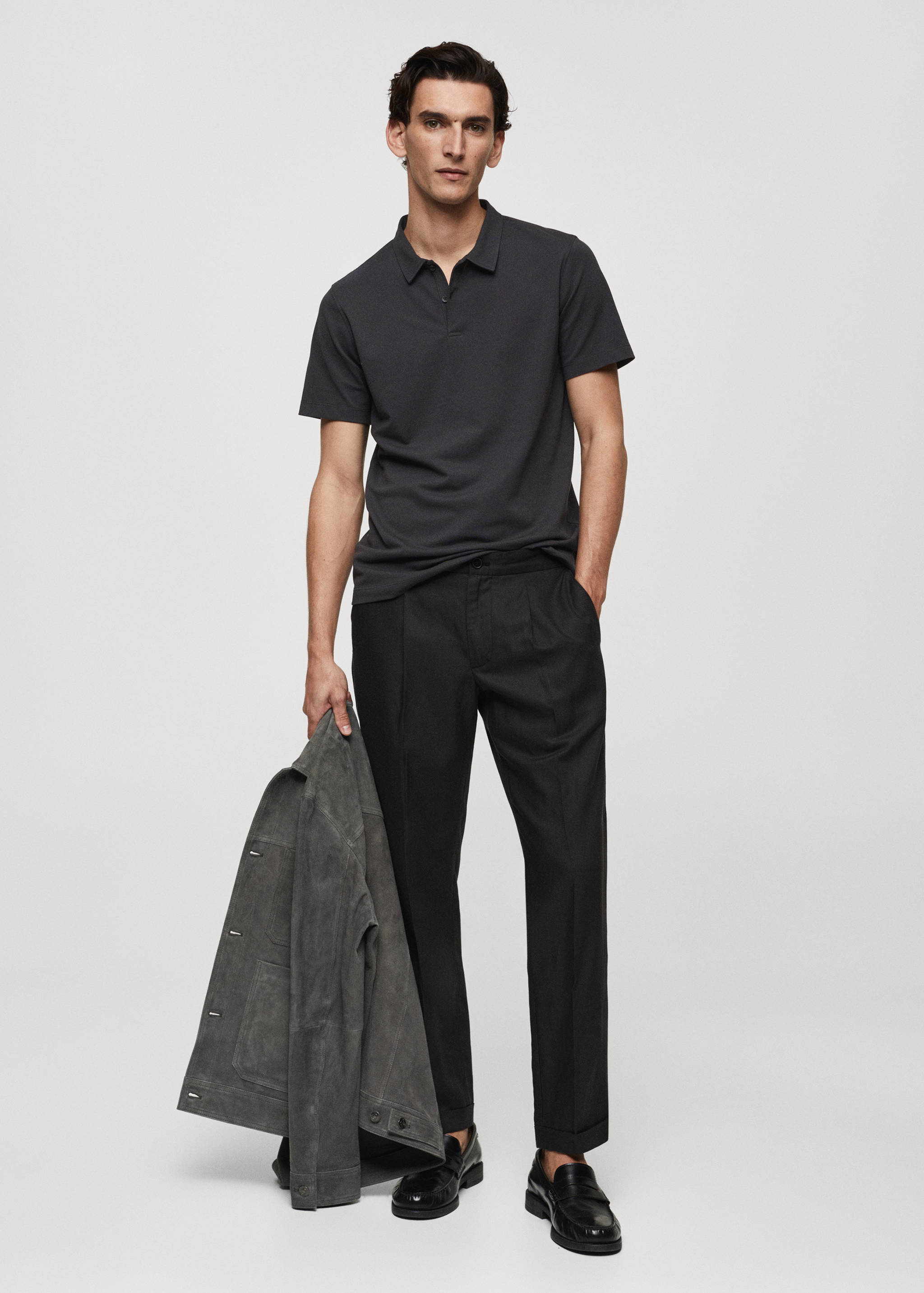 Slim-fit cotton piqué textured polo shirt - General plane