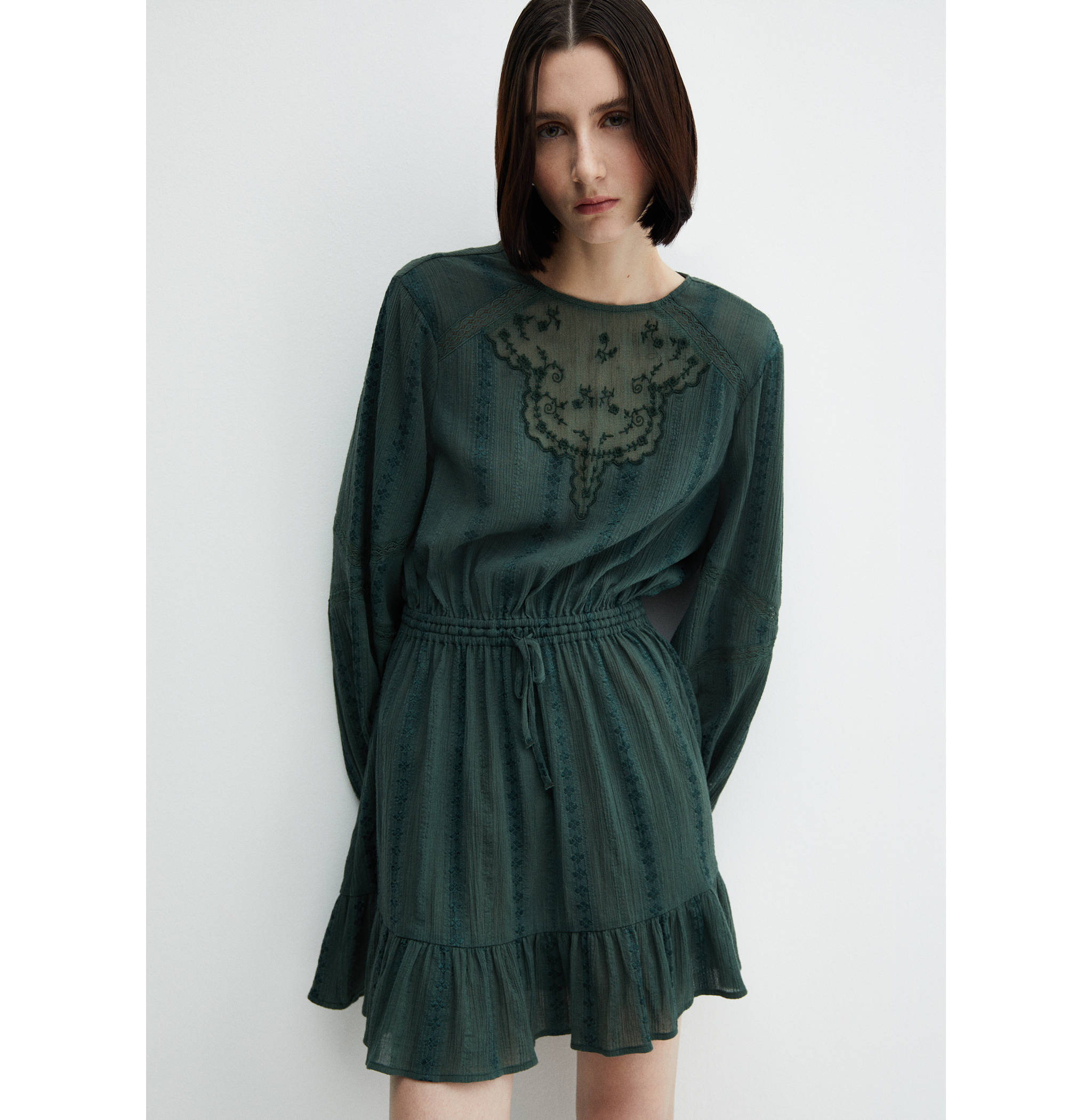 Puff-sleeved embroidered dress - Medium plane