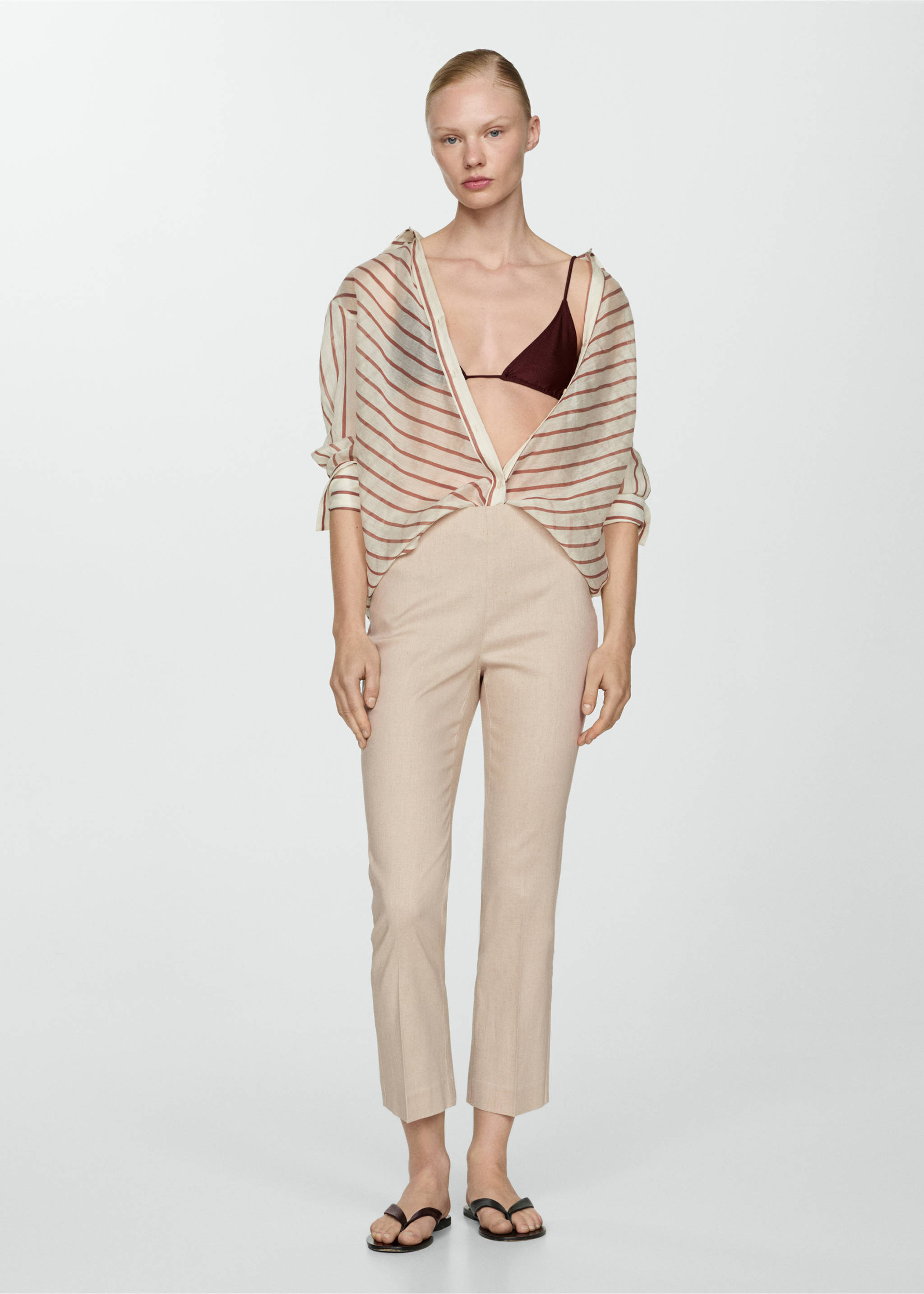 Pantalon flare lin - Plan général, Beige. Ref: 67037125-00.