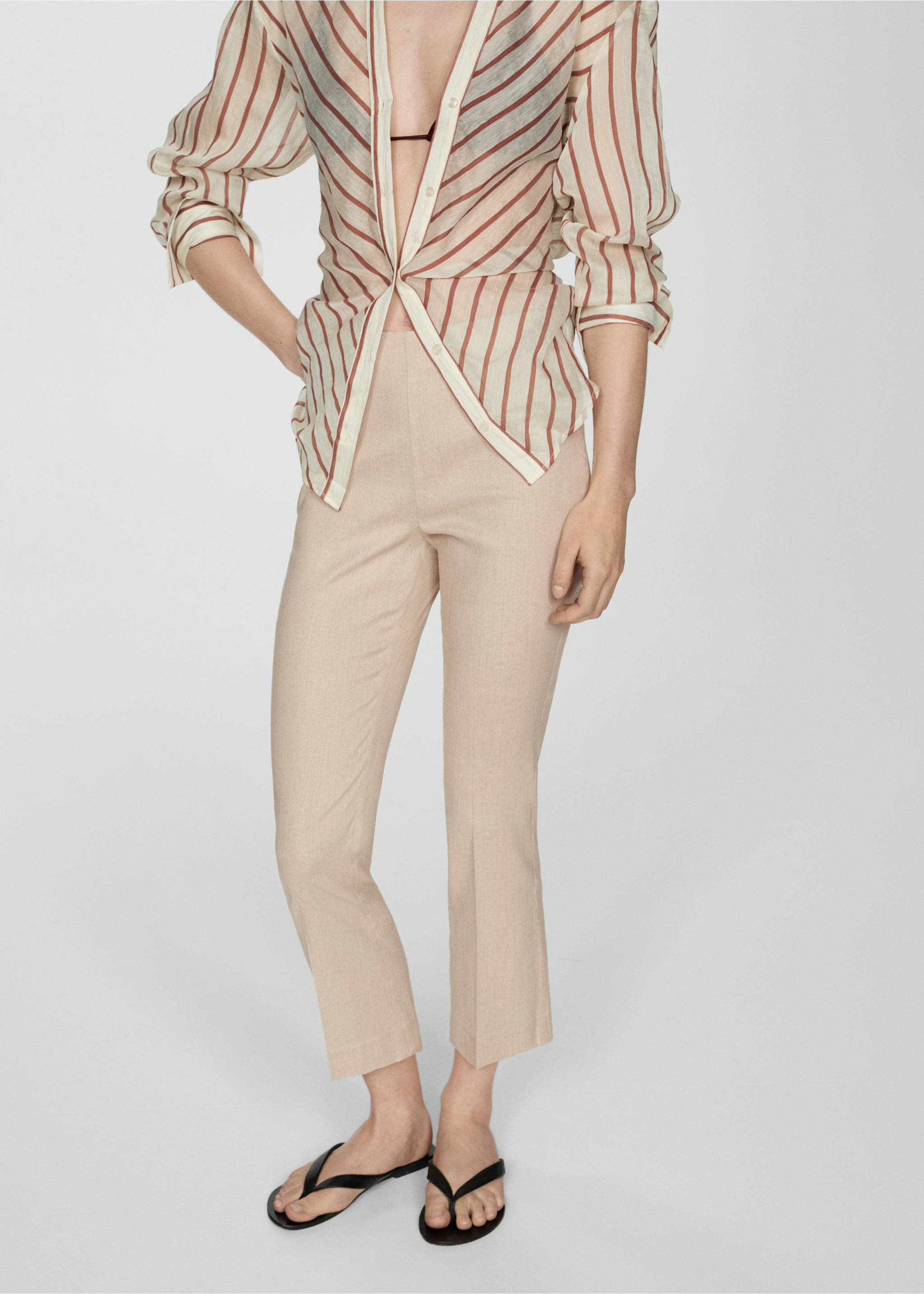 Pantalon flare lin - Plan moyen, Beige. Ref: 67037125-00.