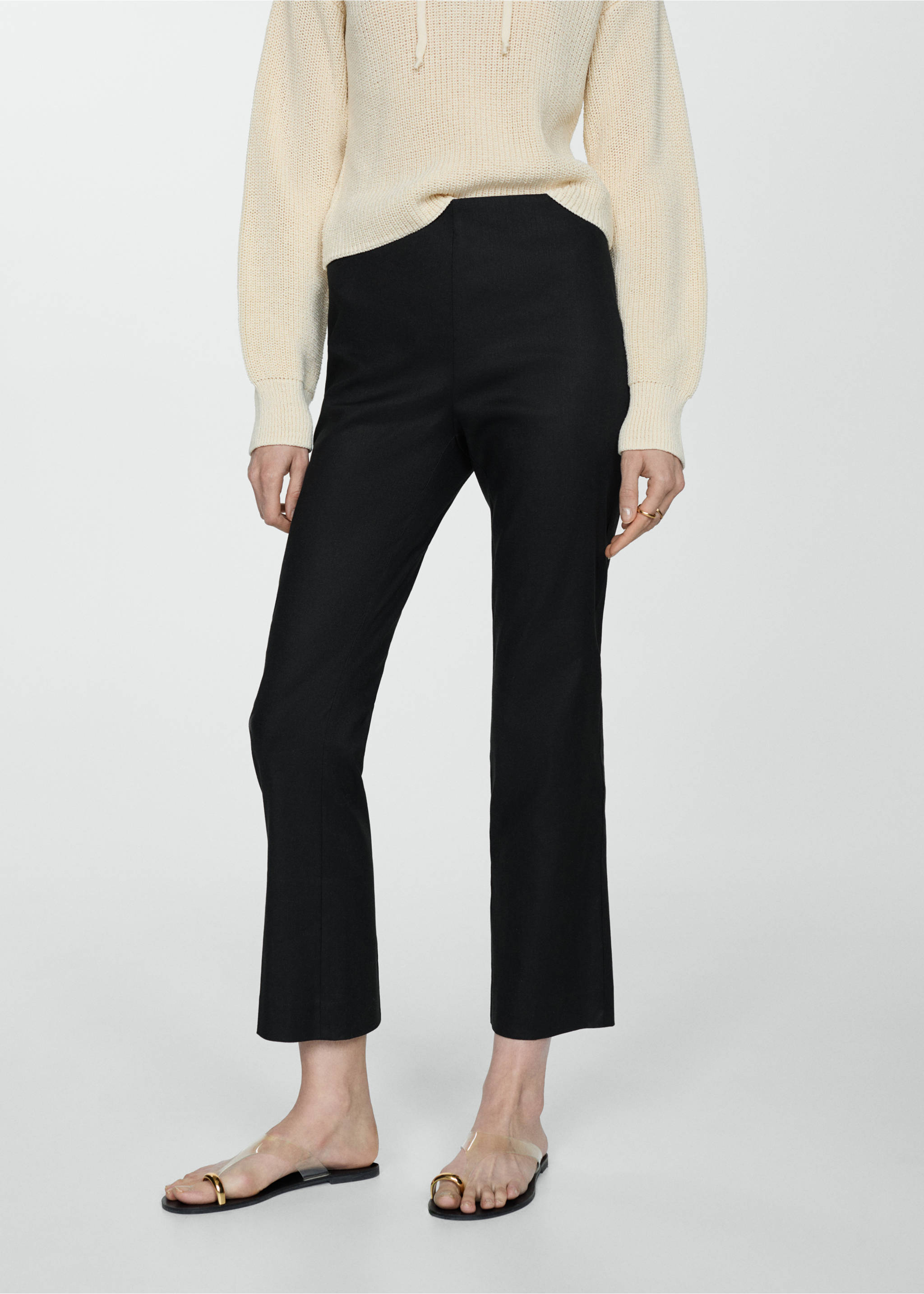 Pantalon flare lin - Plan moyen, Noir. Ref: 67037125-00.