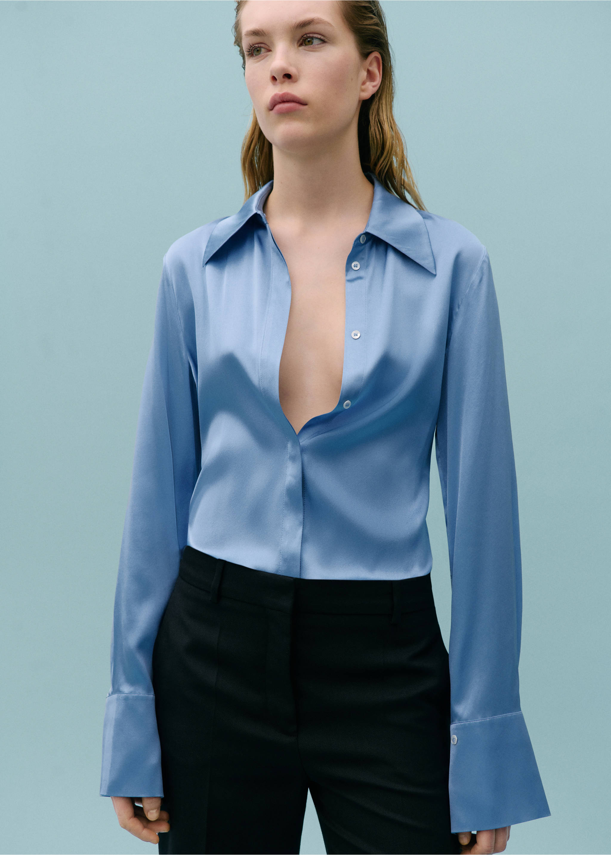 Satin silk shirt - Medium plane, Blue. Ref: 67038653-00.