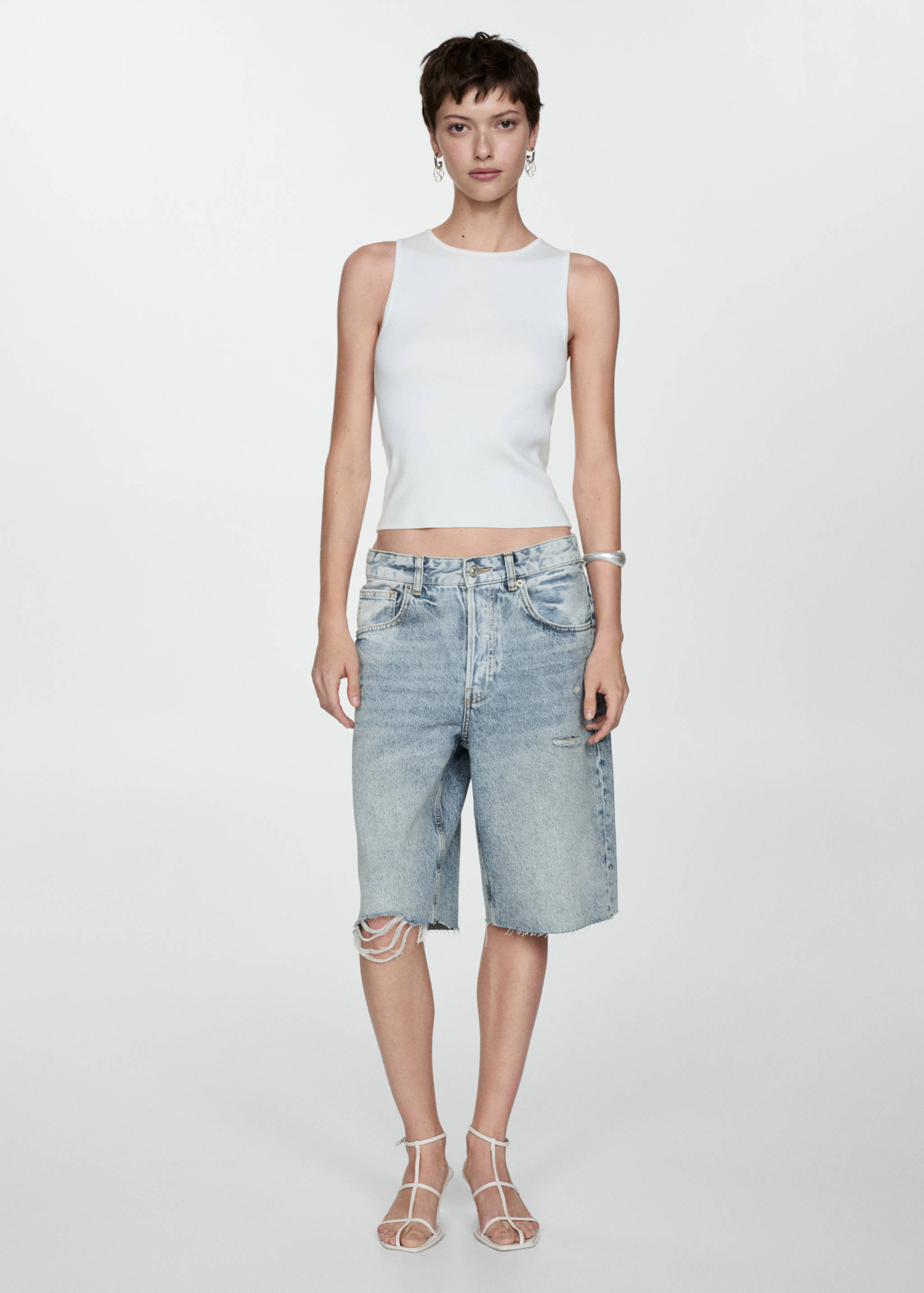 Decorative ripped denim bermuda shorts - General plane