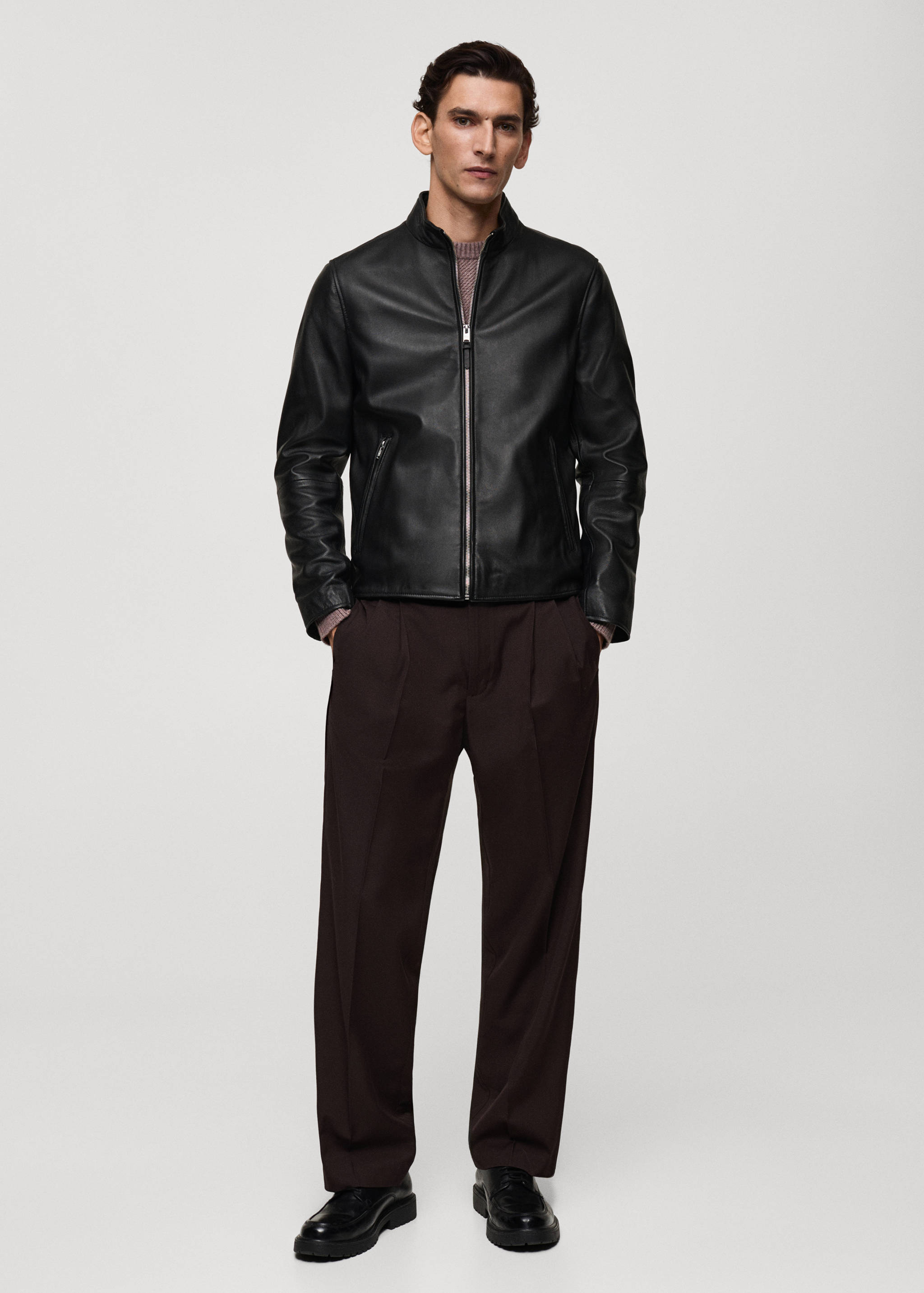 Zip-detail leather biker jacket - General plane