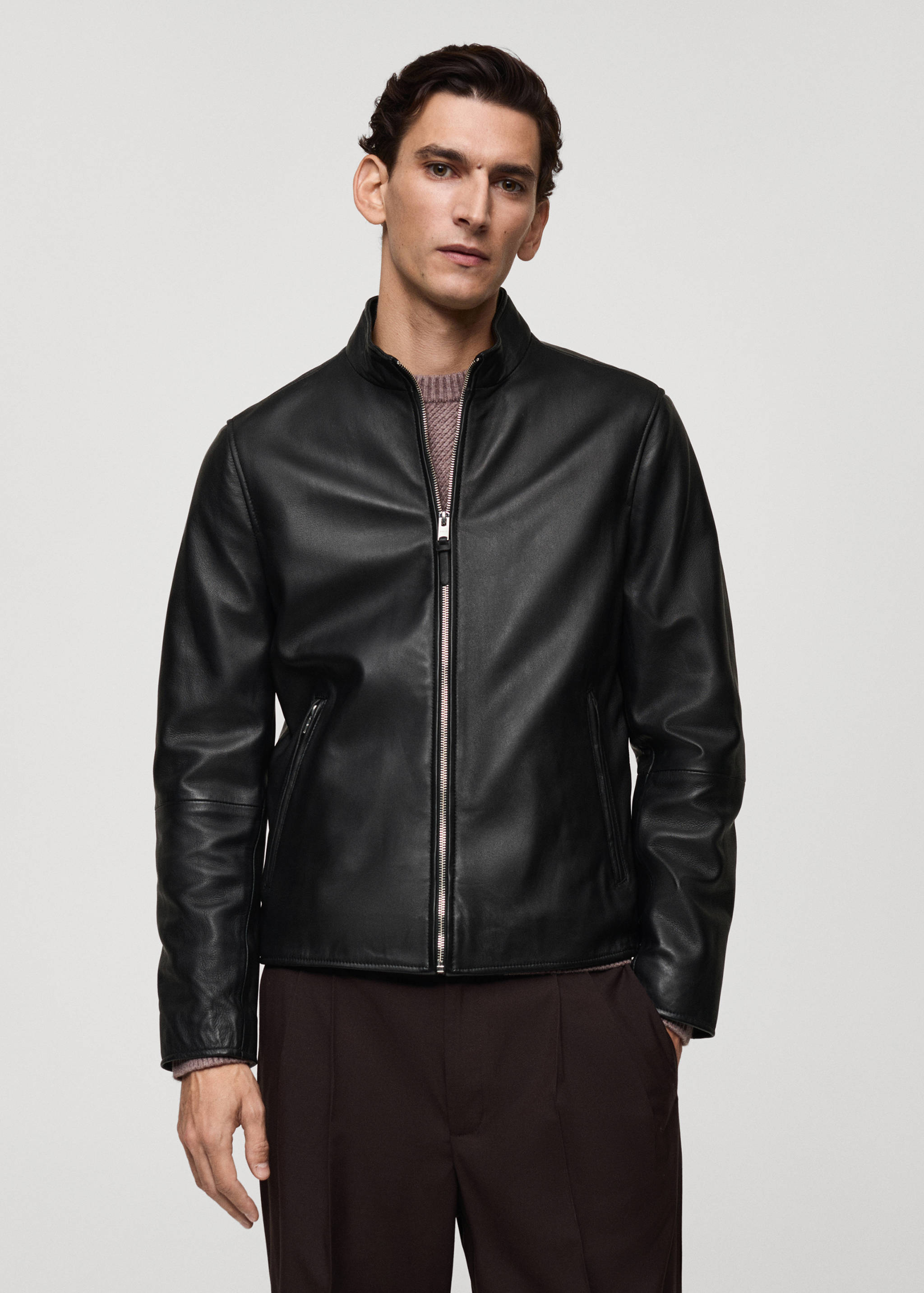 Zip-detail leather biker jacket - Medium plane