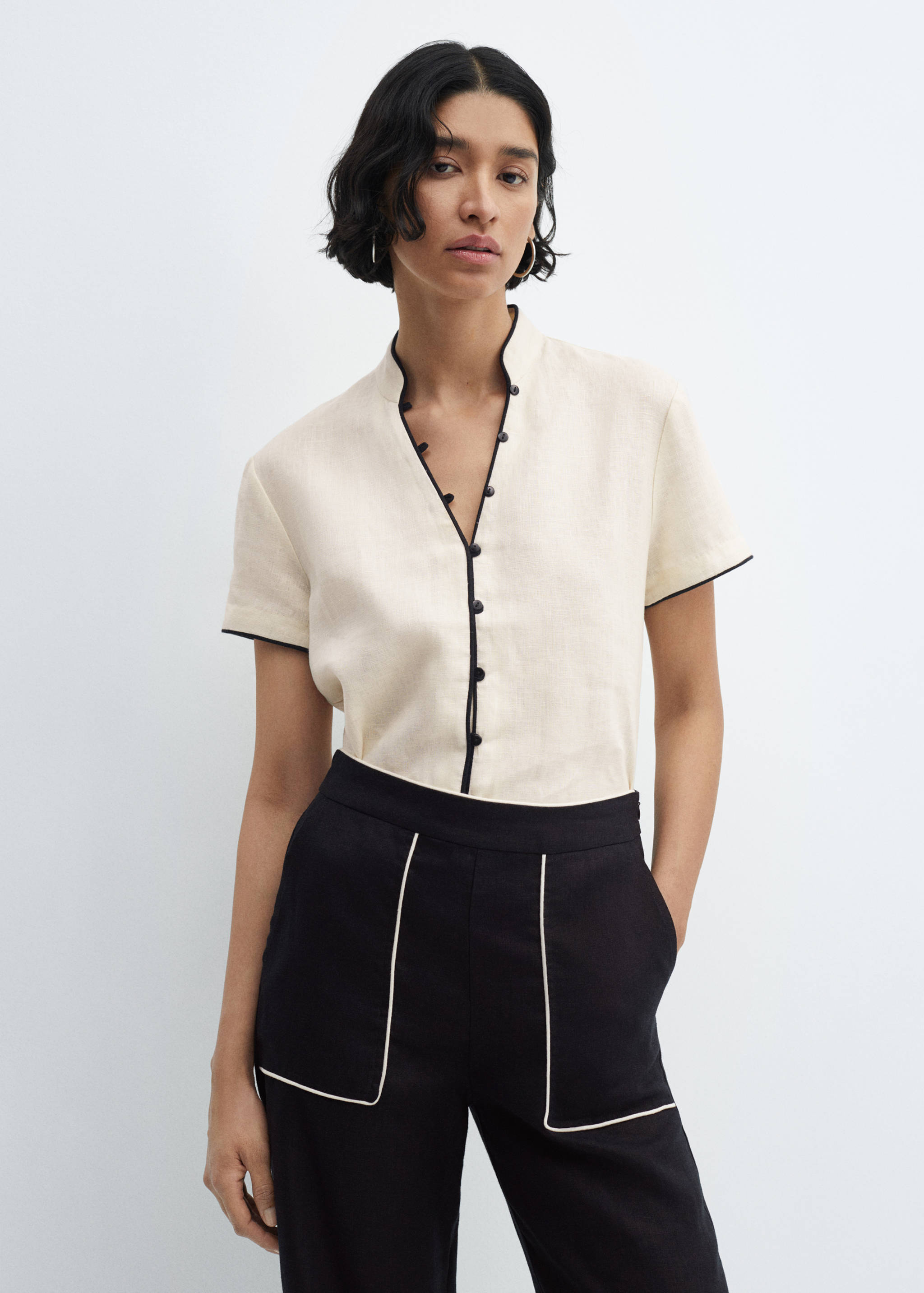 Contrast trim linen trousers - Details of the article 1