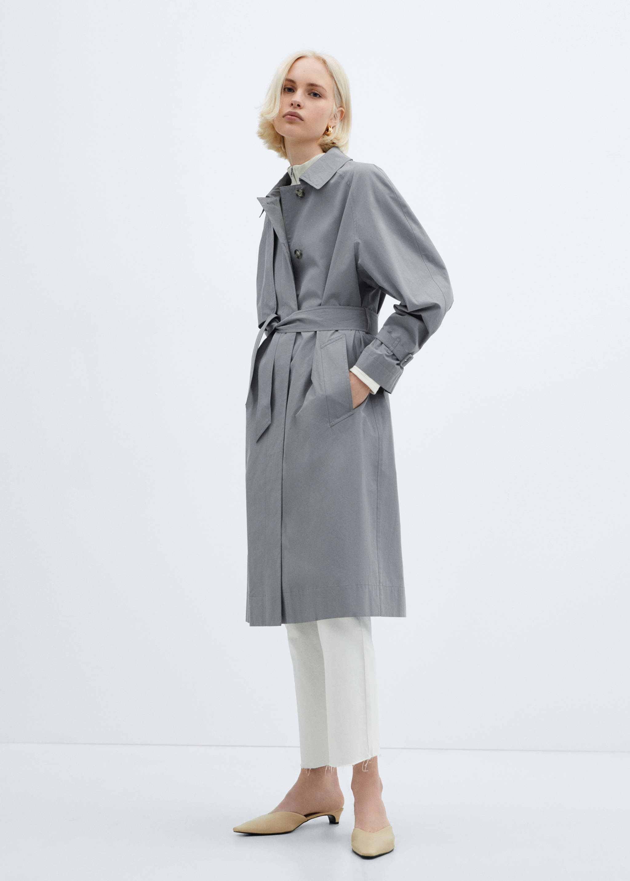 Cotton trench coat with belt - General plane