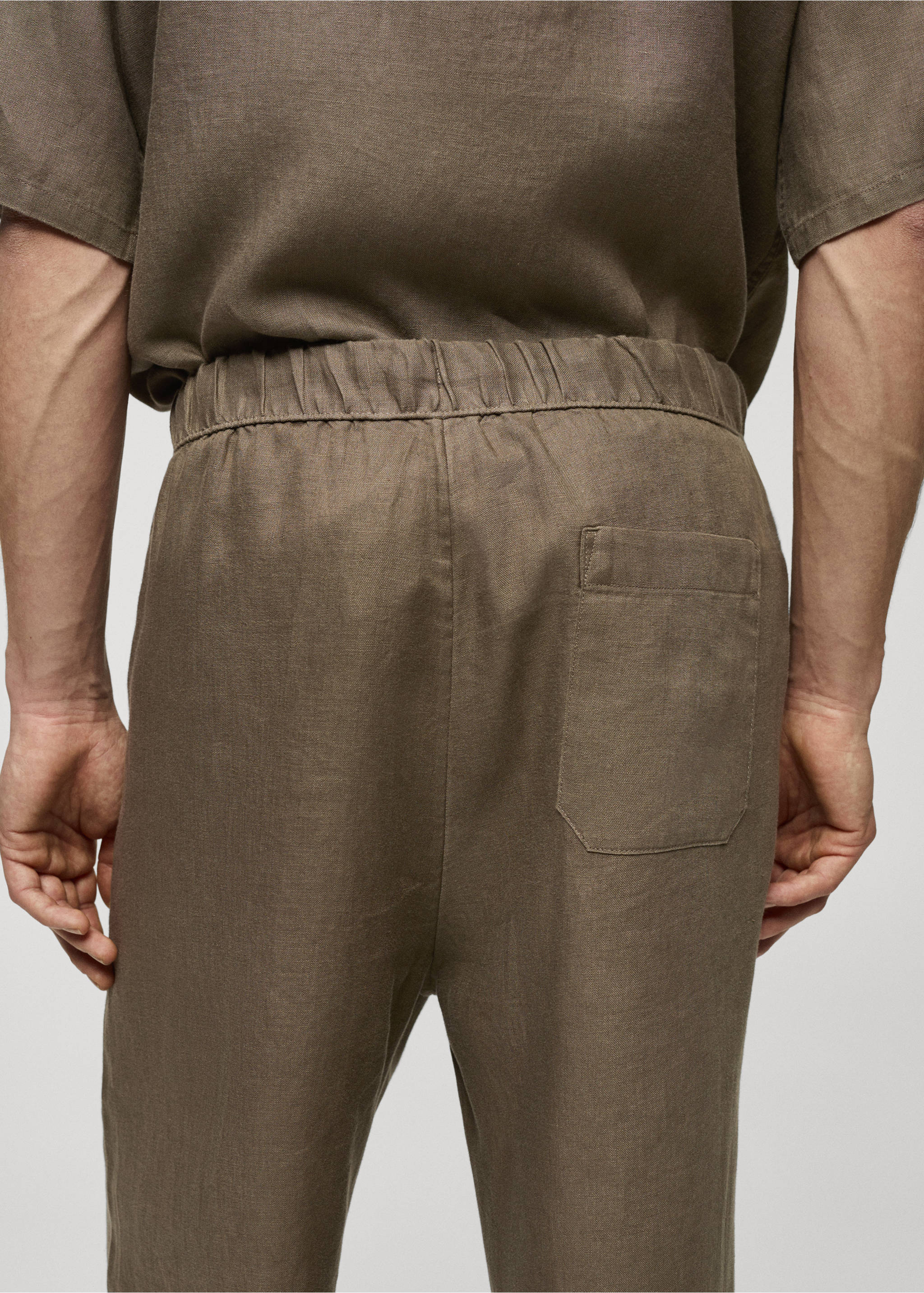 100% linen trousers with drawstring - Details of the article 4, Khaki. Ref: 67047684-00.