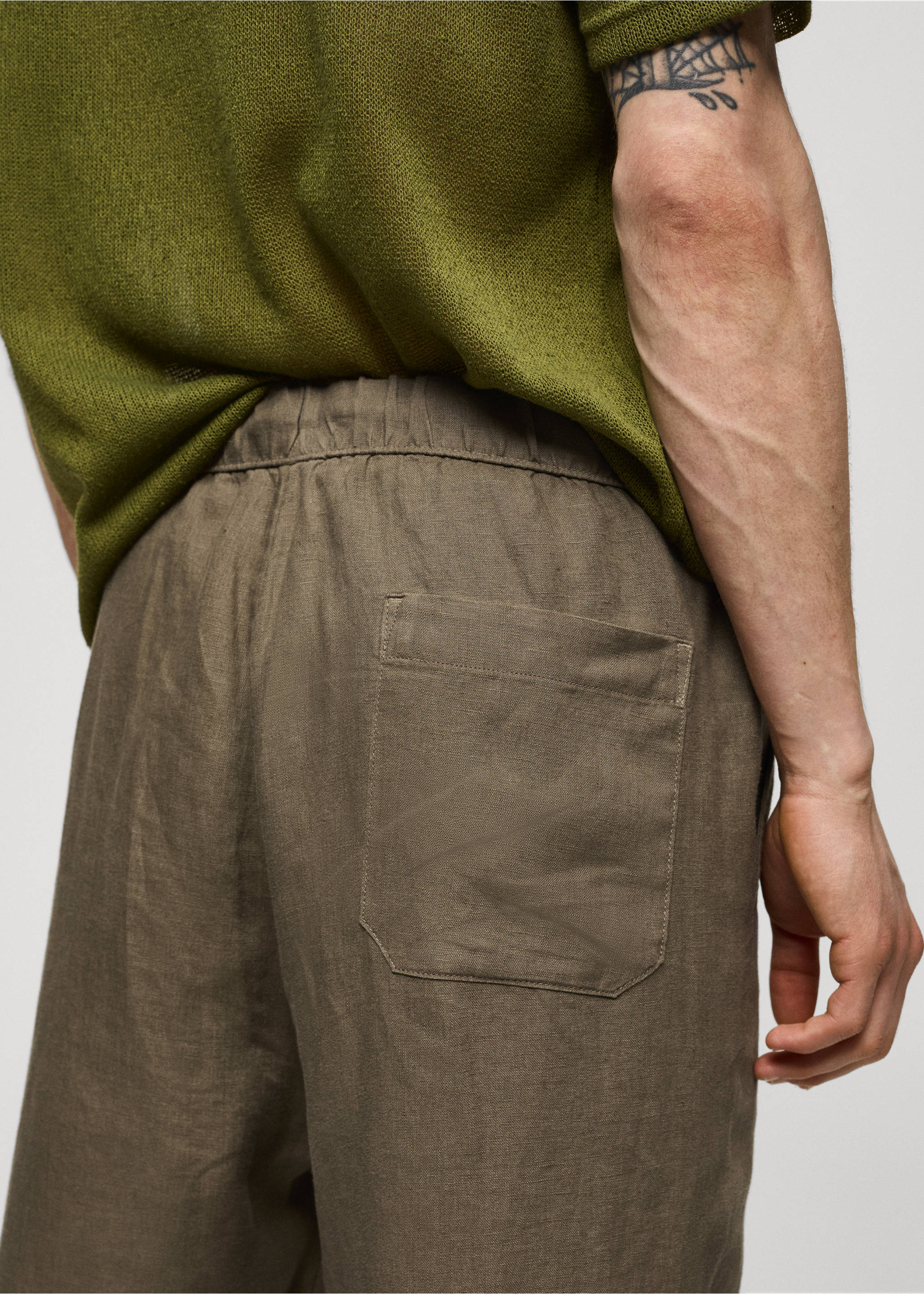100% linen trousers with drawstring - Details of the article 2, Khaki. Ref: 67047684-00.