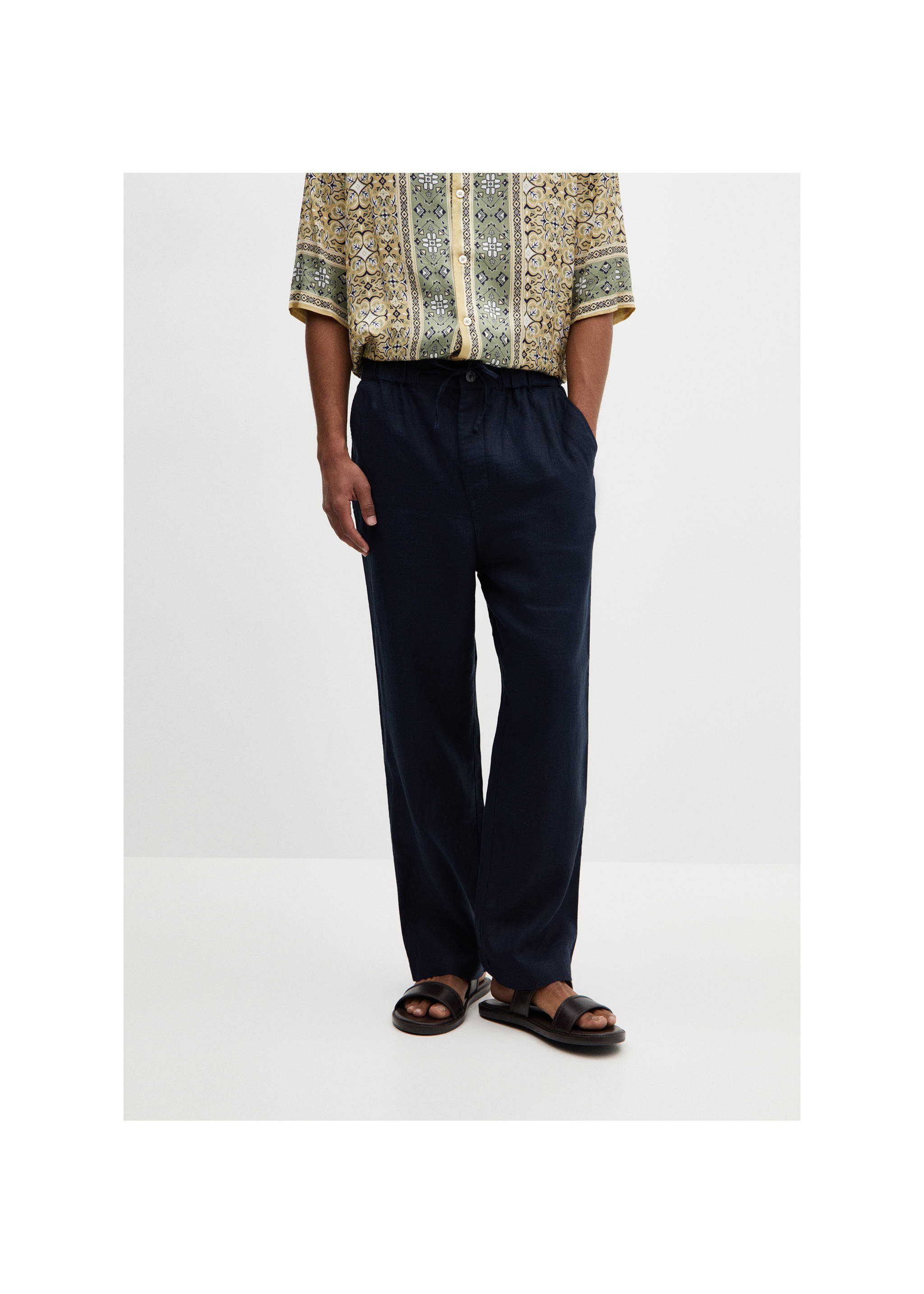 100% linen trousers with drawstring - Medium plane, Navy. Ref: 67047684-00.