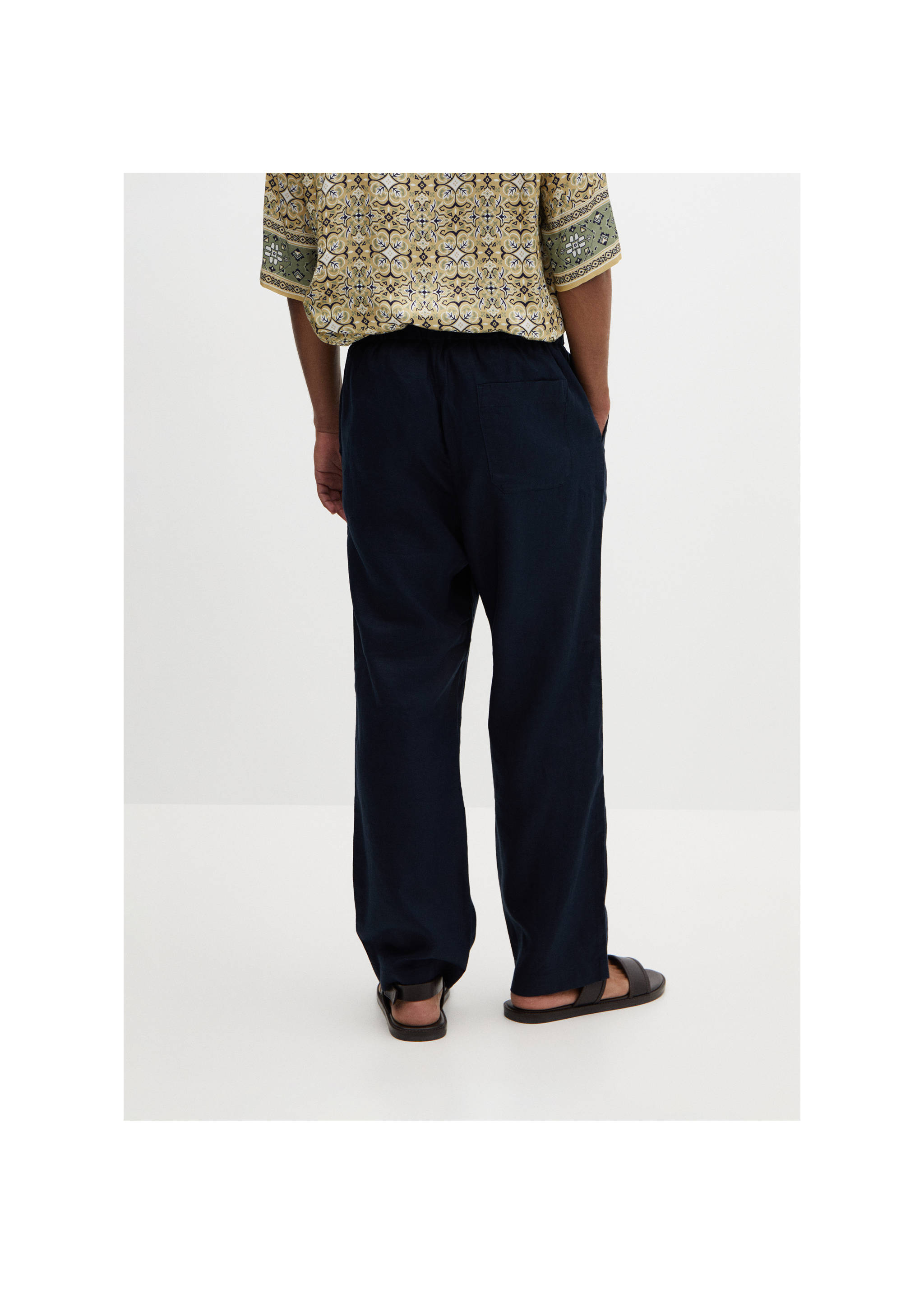 100% linen trousers with drawstring - Reverse of the article, Navy. Ref: 67047684-00.