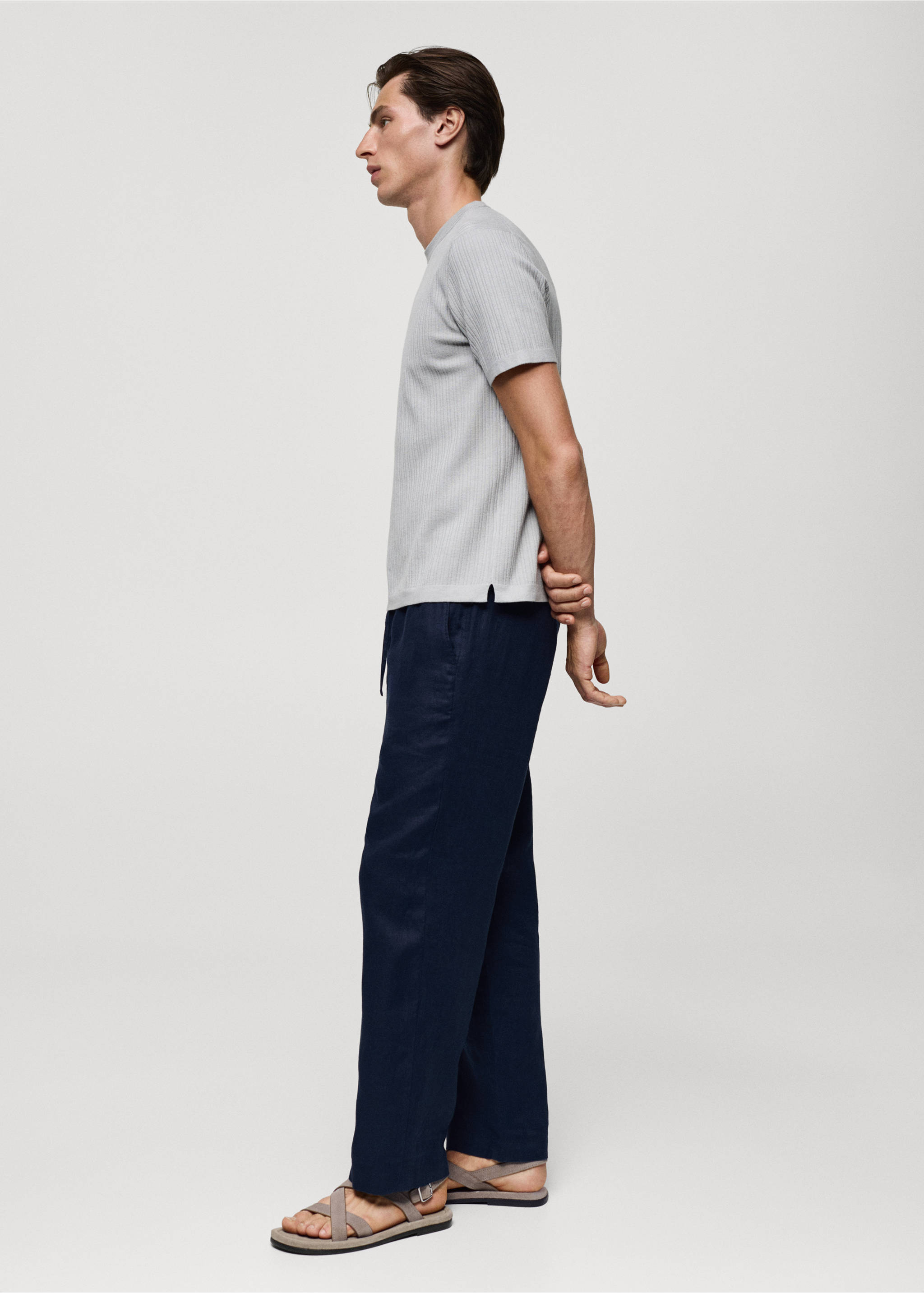 100% linen trousers with drawstring - Details of the article 2, Navy. Ref: 67047684-00.