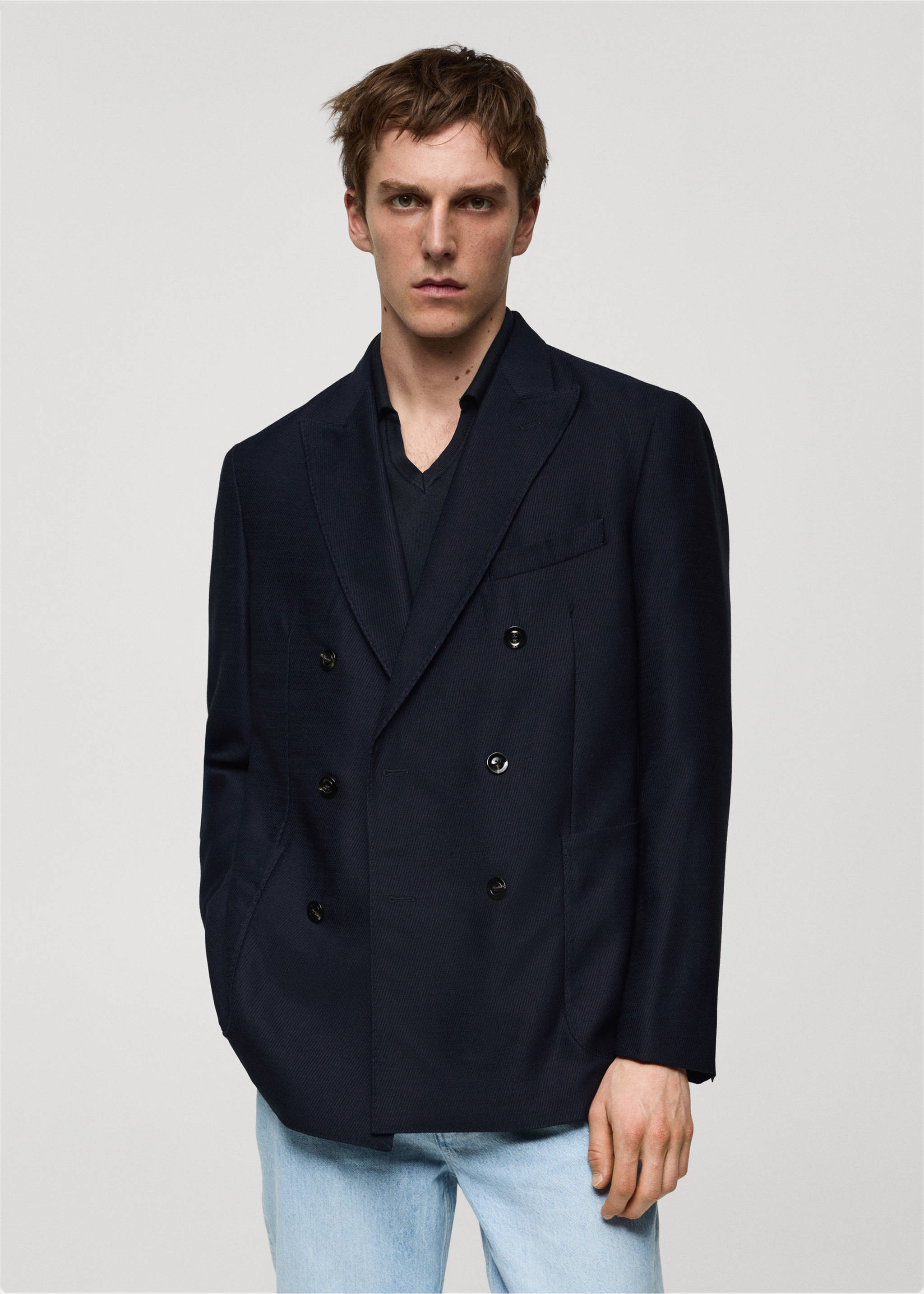 100% virgin wool twill double-breasted jacket - Medium plane, Dark Navy. Ref: 67048268-00.