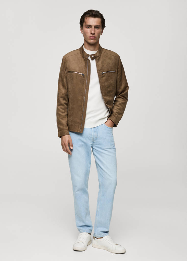 Suede-effect jacket with zip — Medium Brown
