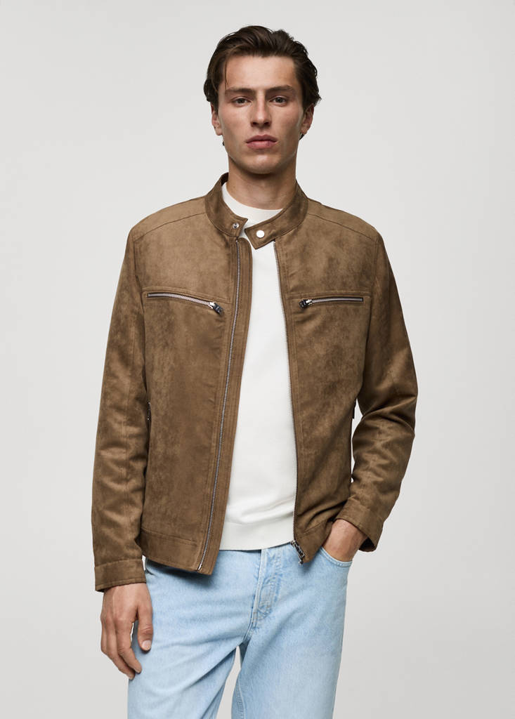 Suede-effect jacket with zip — Medium Brown